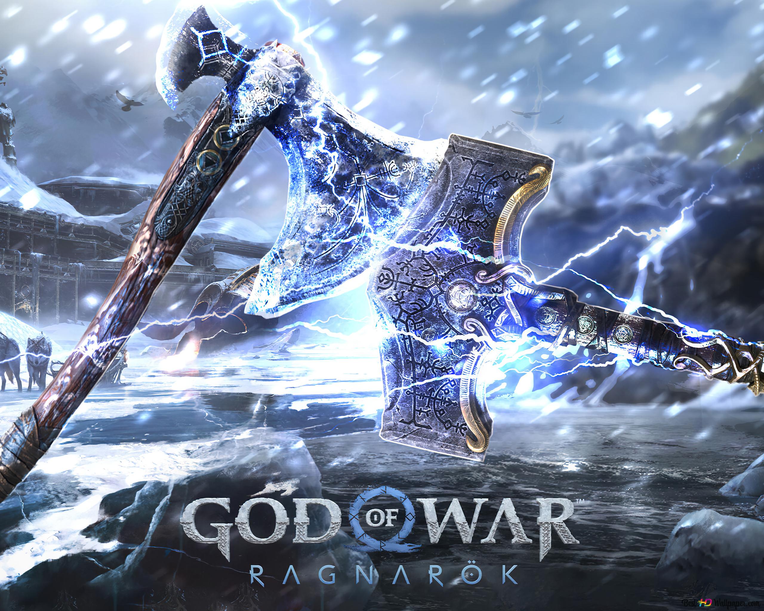 God of War Ragnarok Axe and Thor's Hammer 4K wallpaper download