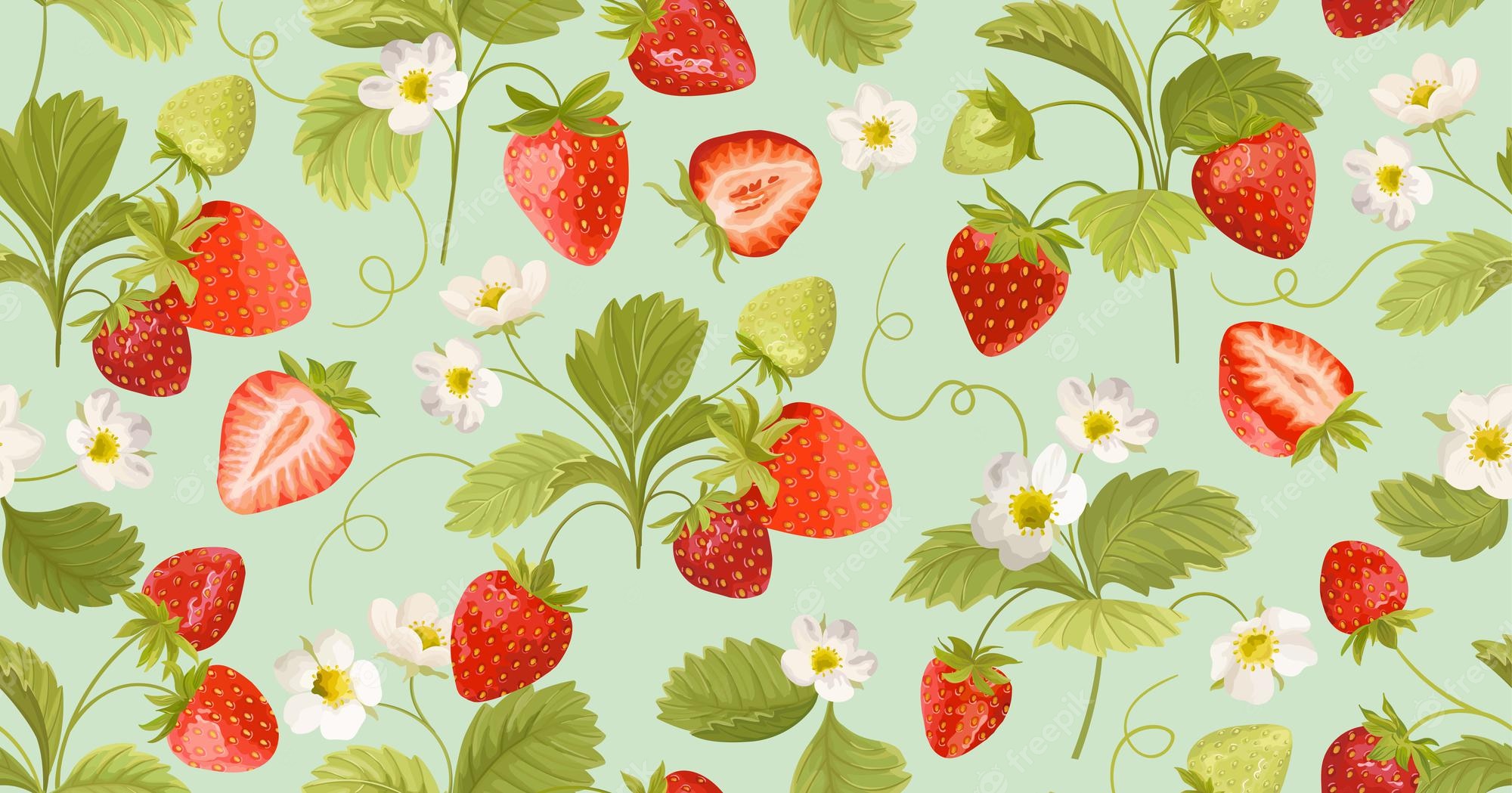 Premium Vector. Watercolor seamless strawberry pattern with flowers, wild berries, leaves. vector background texture illustration for summer cover, botanical wallpaper, vintage party backdrop, wedding invitation
