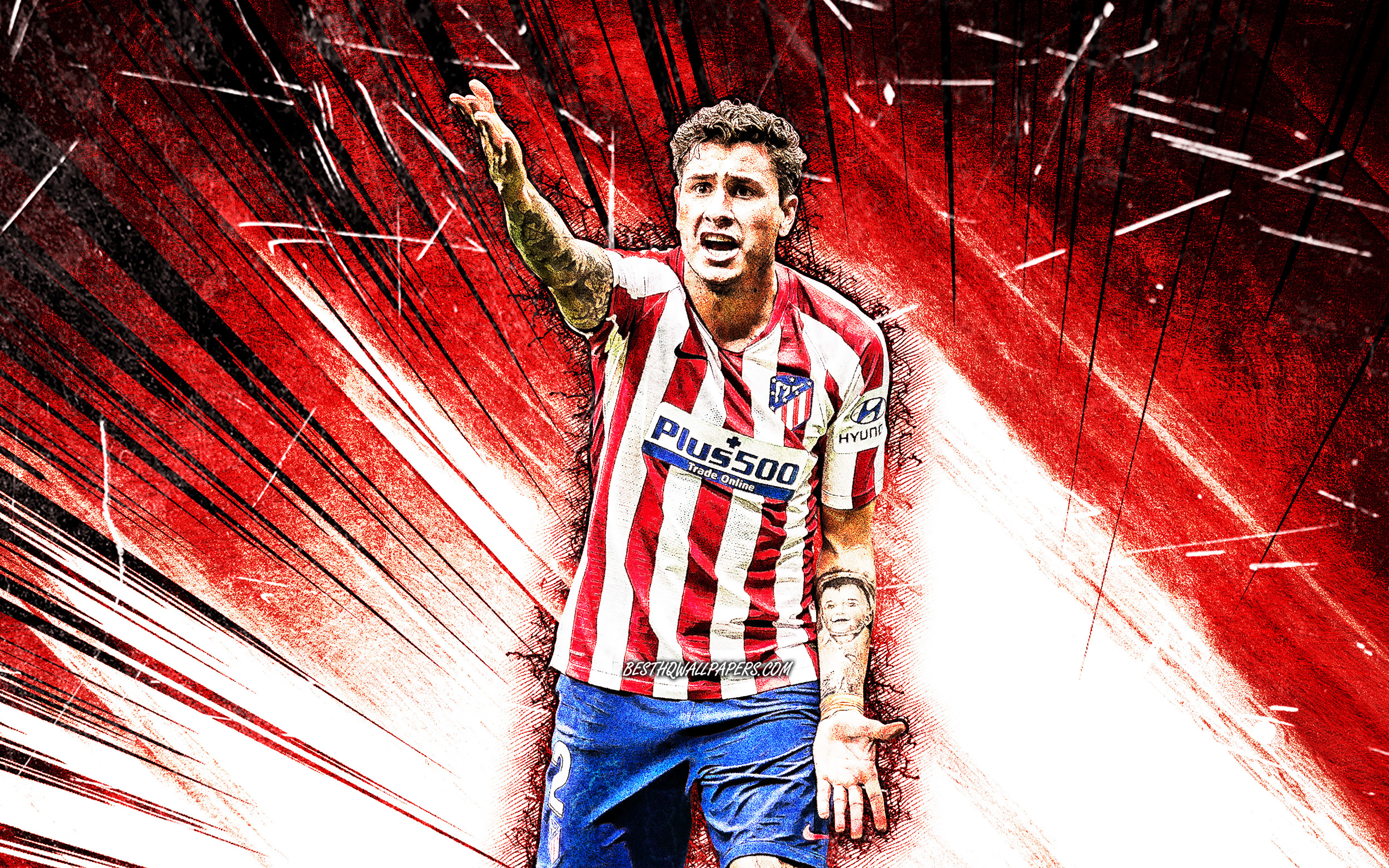 Download wallpaper 4k, Jose Gimenez, grunge art, Atletico Madrid FC, Uruguayan footballers, La Liga, Jose Maria Gimenez de Vargas, red abstract rays, Jose Maria Gimenez, soccer, LaLiga, Jose Gimenez 4K for desktop