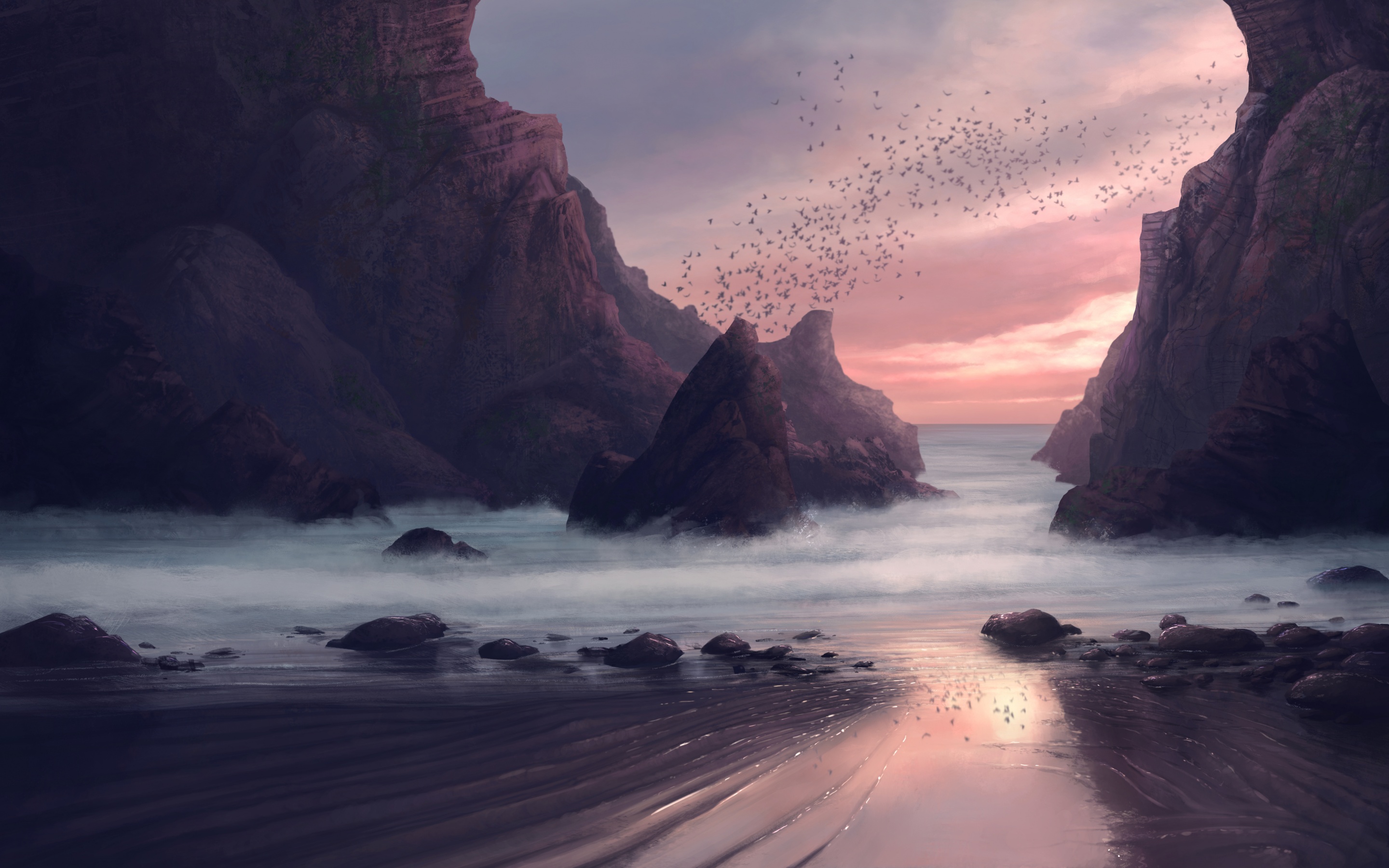 Beach Wallpaper 4K, Digital Art, Rocks, Sunset, Birds