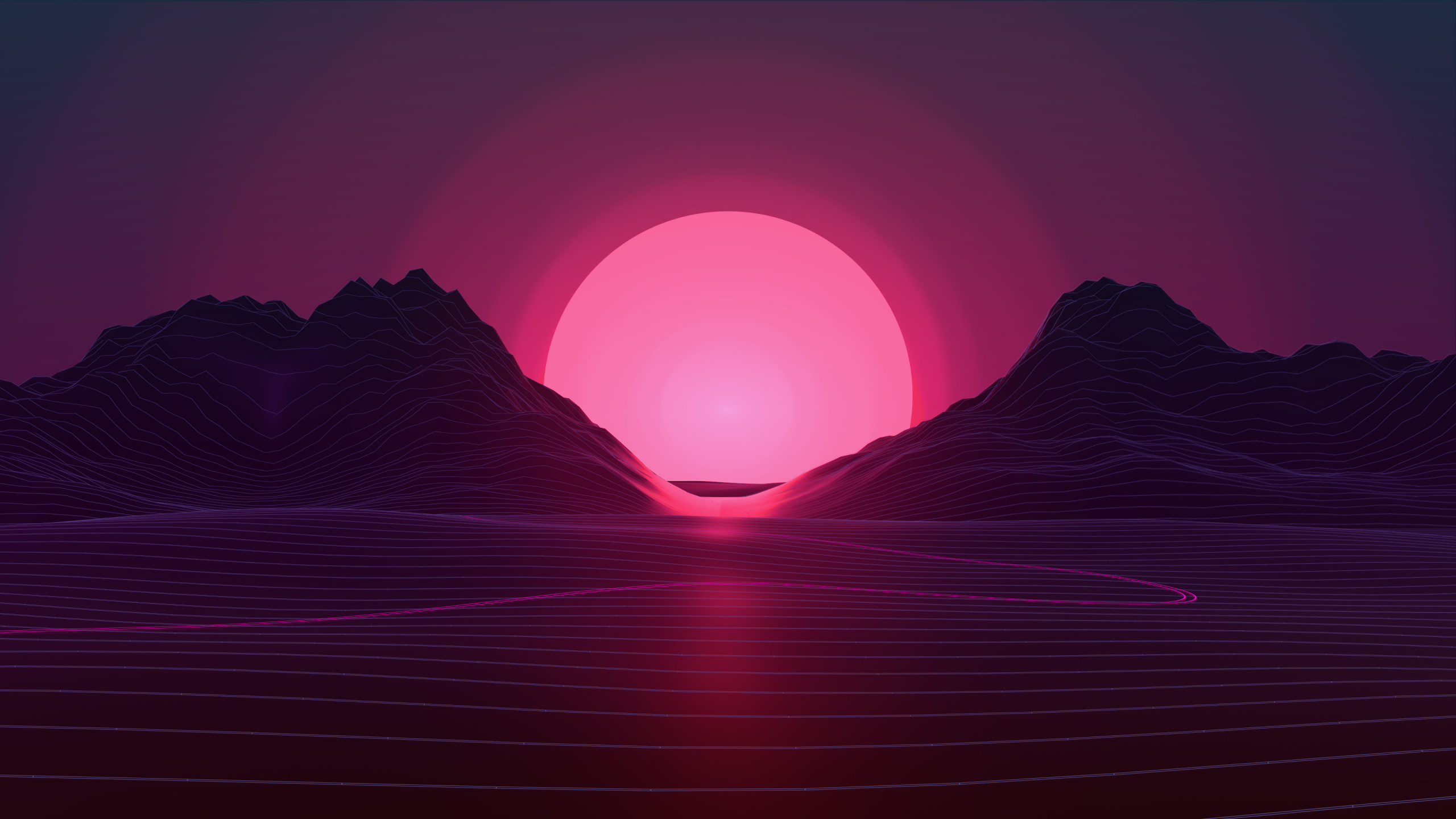 Download 2560x1440 Wallpaper Sunset, Digital Art, Neon Pink, Mountains, 4k, Dual Wide, Widescreen 16:9, Widescreen, 2560x1440 HD Image, Background, 28900
