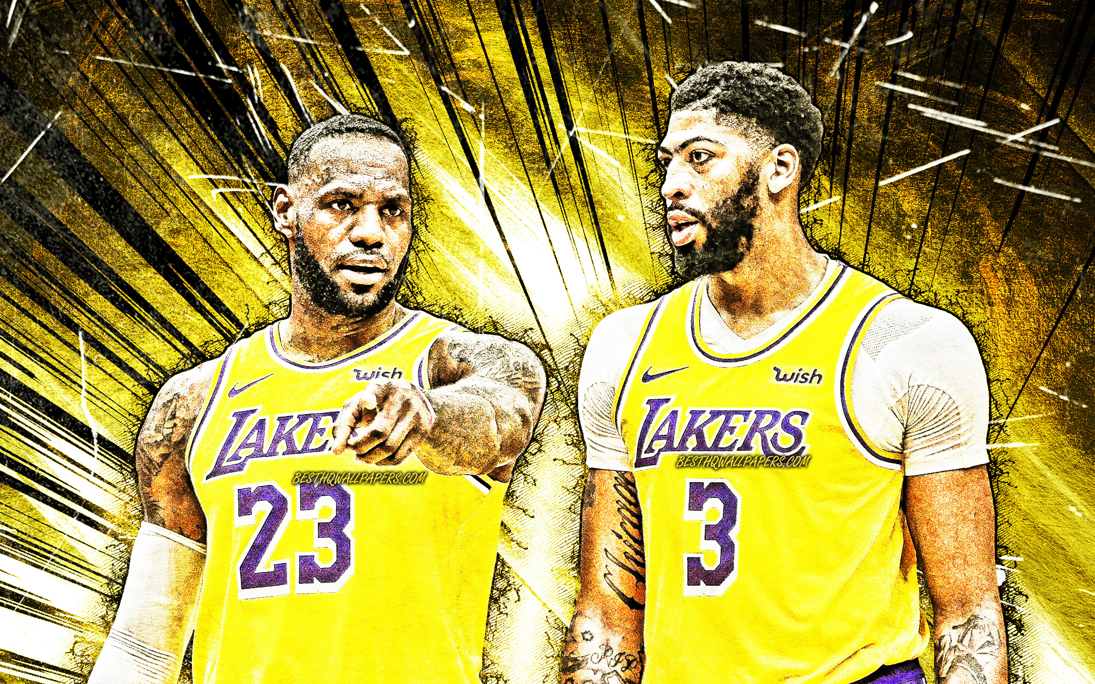 Download wallpaper 4k, Lebron James and Anthony Davis, grunge art, Los Angeles Lakers, NBA, basketball stars, Anthony Marshon Davis Jr, yellow abstract rays, basketball, LeBron Raymone James, LA Lakers, creative, Lebron James
