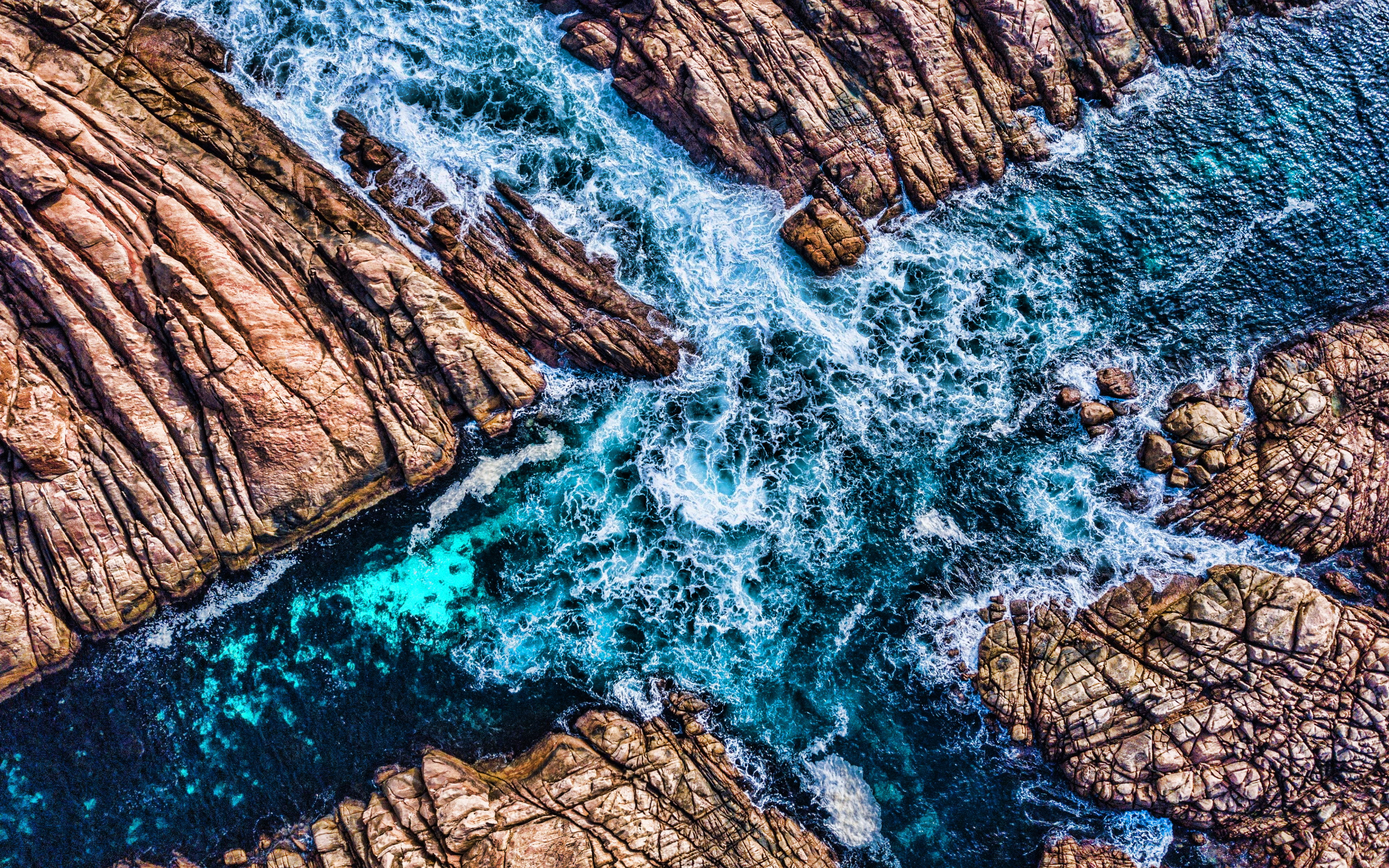 Download wallpaper rocks, 4k, sea, aerial view, Coast, canal, sea waves, HDR, coast for desktop with resolution 3840x2400. High Quality HD picture wallpaper