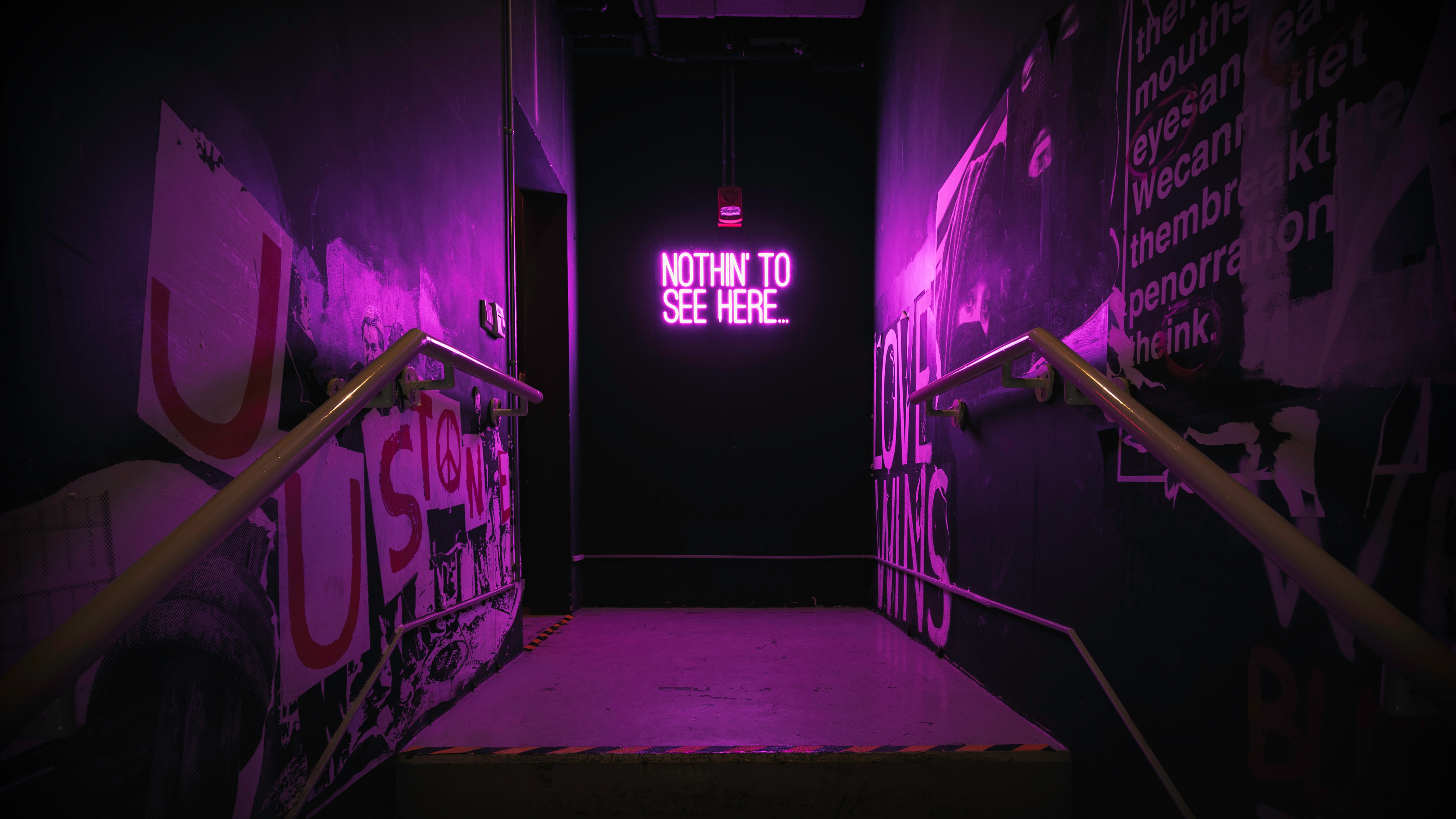 Nothing to See Here Wallpaper 4K, Neon sign, Stairway, Purple light