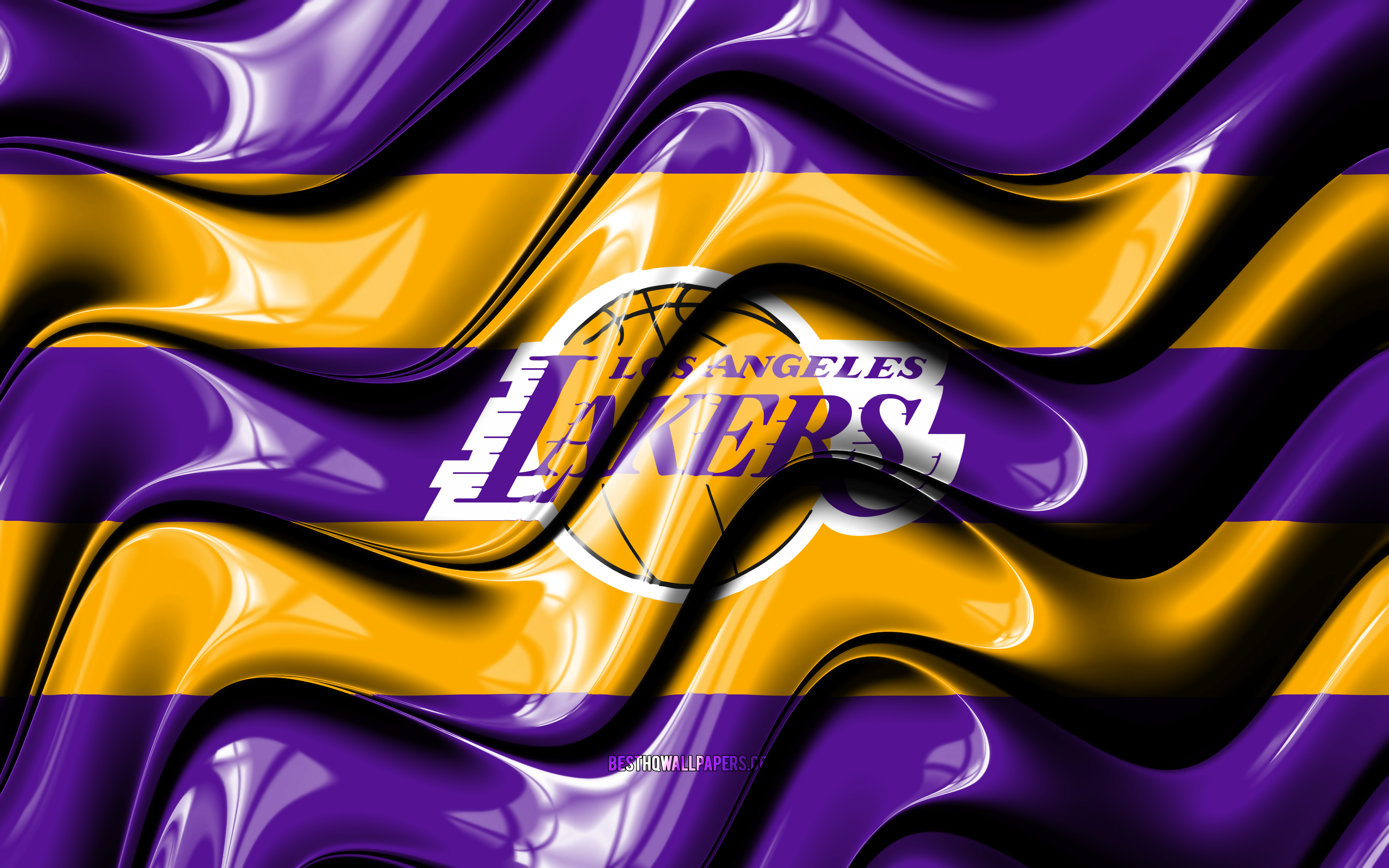 Download wallpaper Los Angeles Lakers flag, 4k, violet and yellow 3D waves, NBA, american basketball team, Los Angeles Lakers logo, basketball, Los Angeles Lakers, LA Lakers for desktop with resolution 3840x2400. High