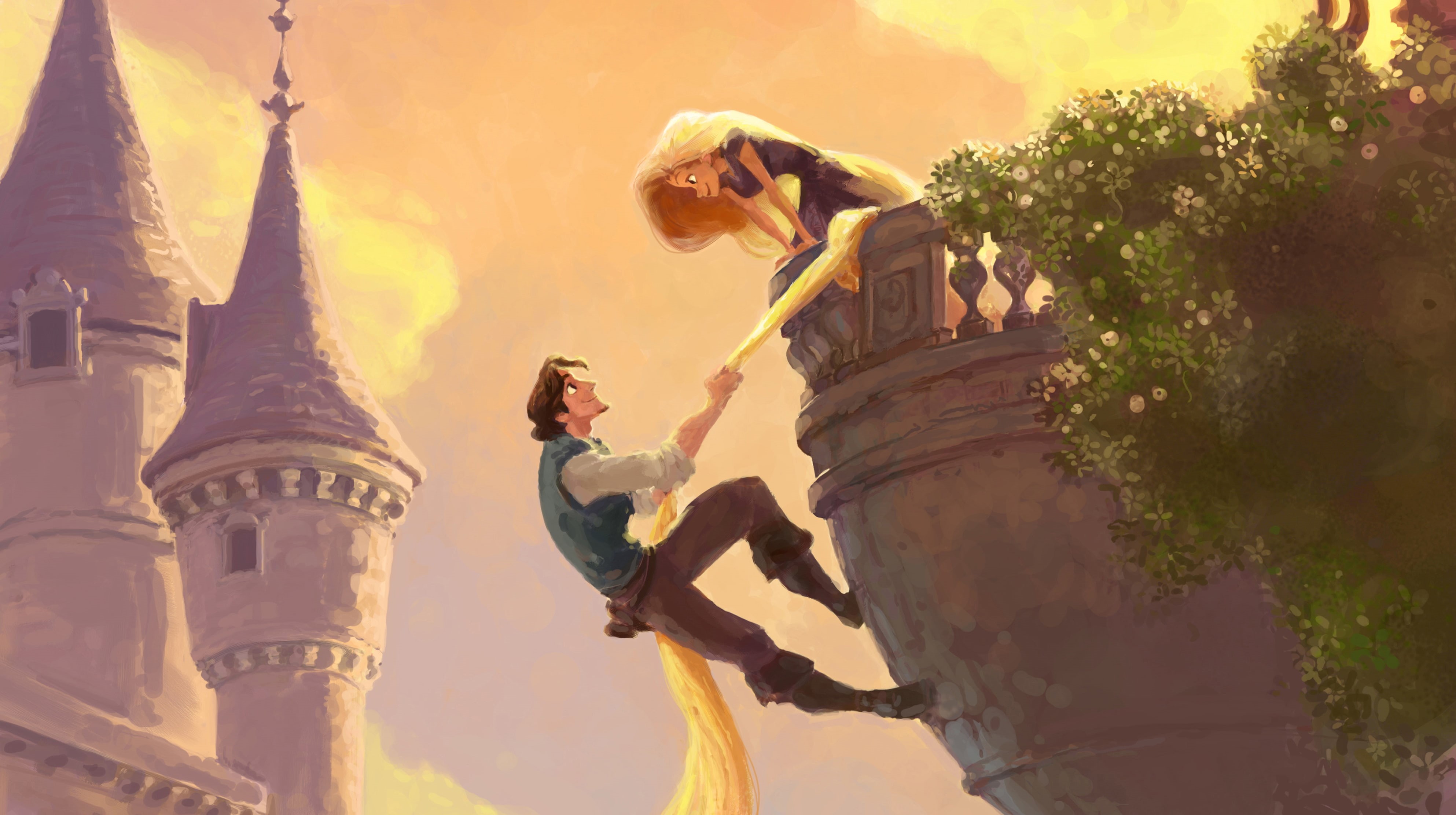 Wallpaper / Rapunzel, Flynn, tangled, long hair, tower, 4K, balcony free download