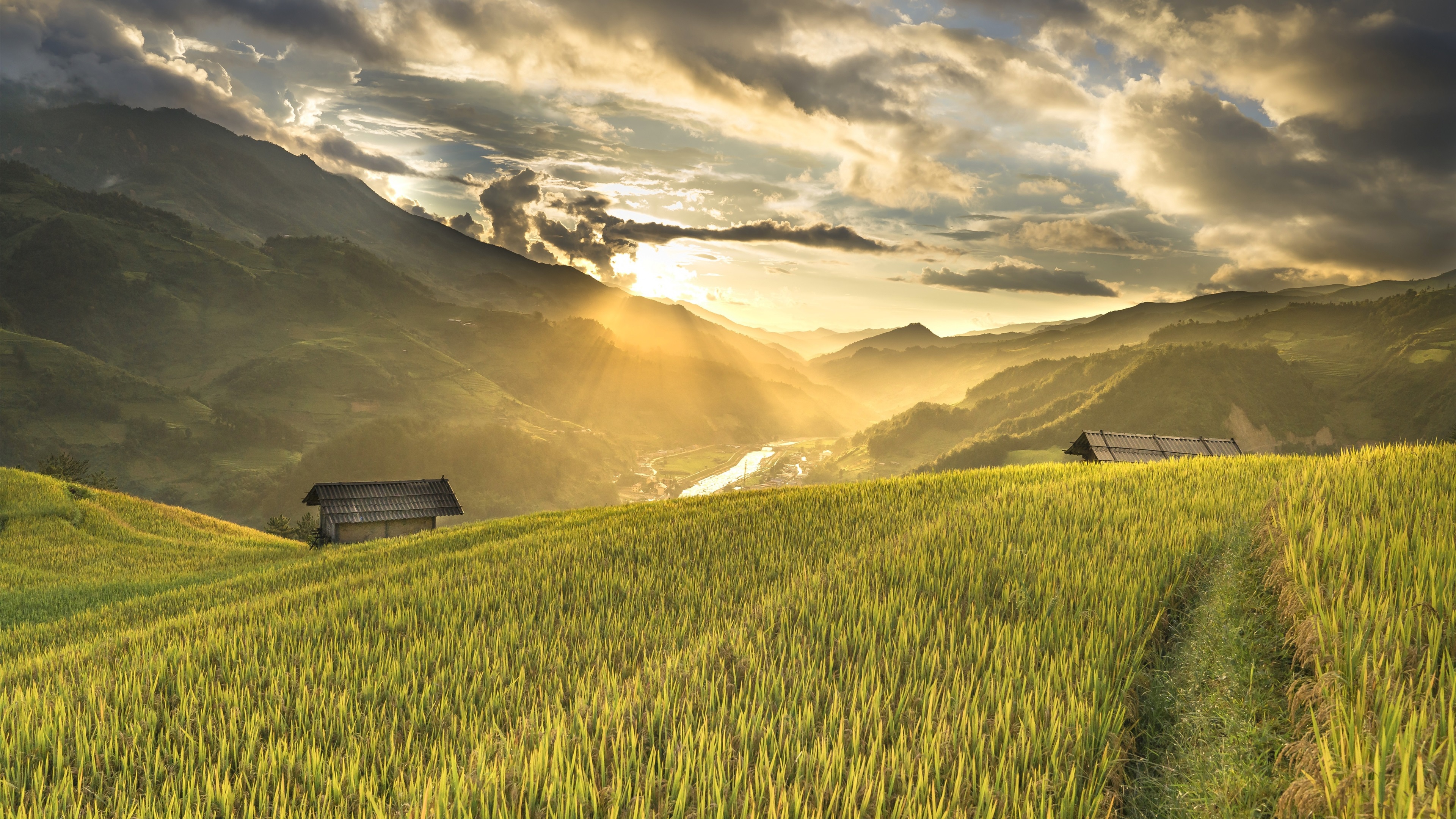 Wallpaper Vietnam, rice field, mountains, slope, house, morning, clouds, sunrise 3840x2160 UHD 4K Picture, Image