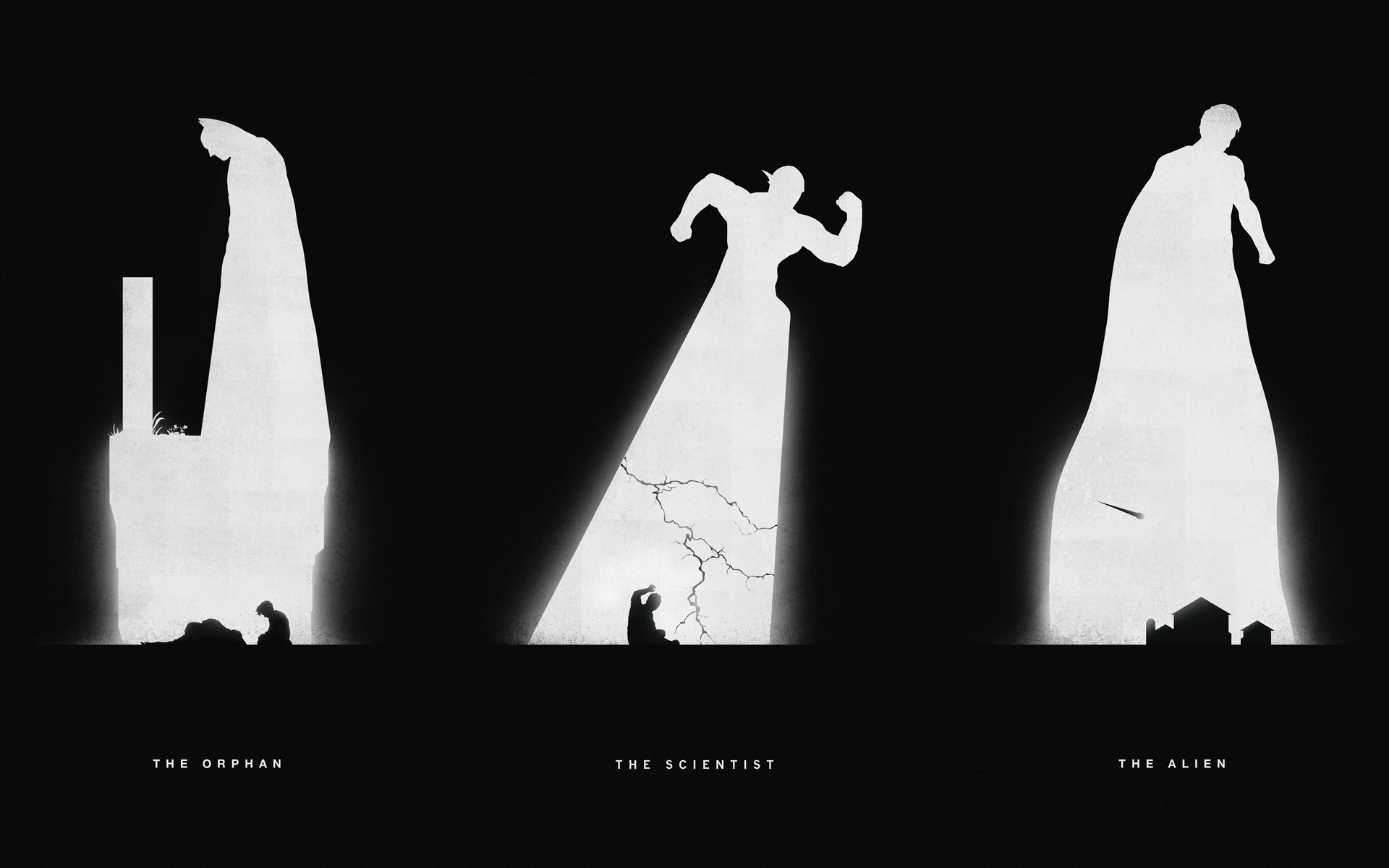 Wallpaper, illustration, shadow, silhouette, Batman, superhero, DC Comics, The Flash, Superman, brand, Sense, image, black and white, monochrome photography, font, album cover 1920x1200
