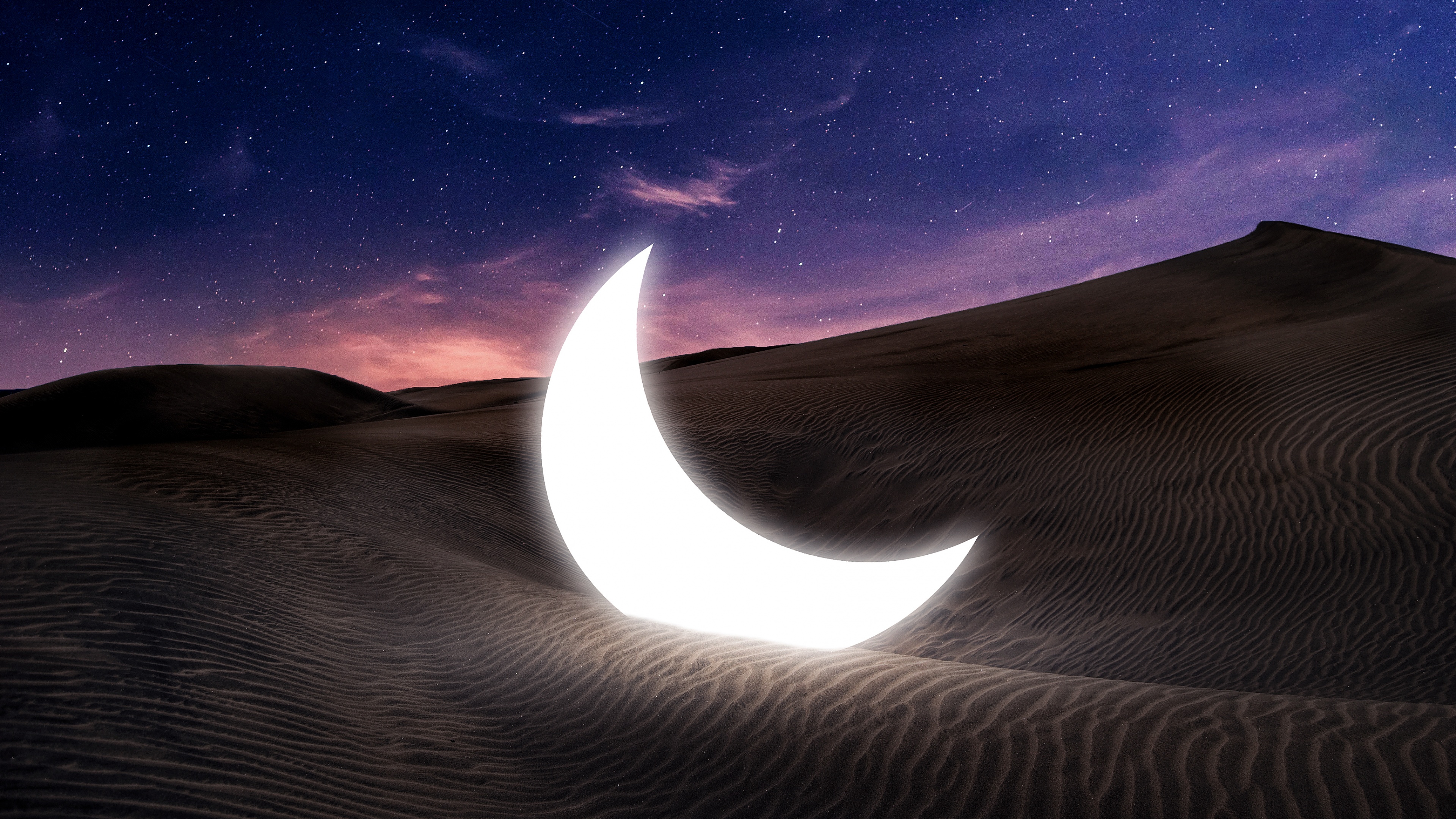 Half moon Wallpaper 4K, Fallen, Desert, Starry sky