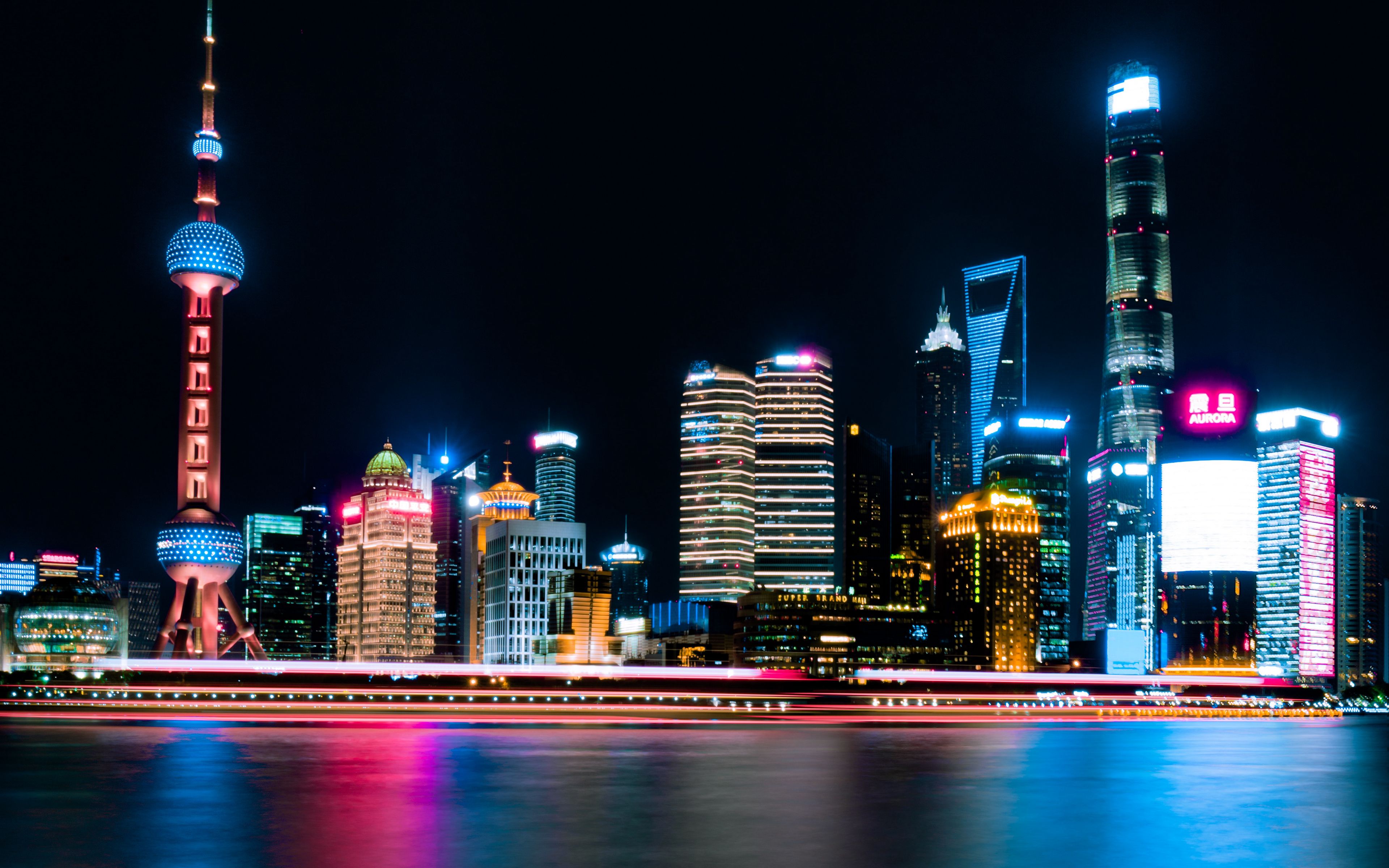 Download wallpaper 3840x2400 night city, city lights, panorama, shanghai, china 4k ultra HD 16:10 HD background