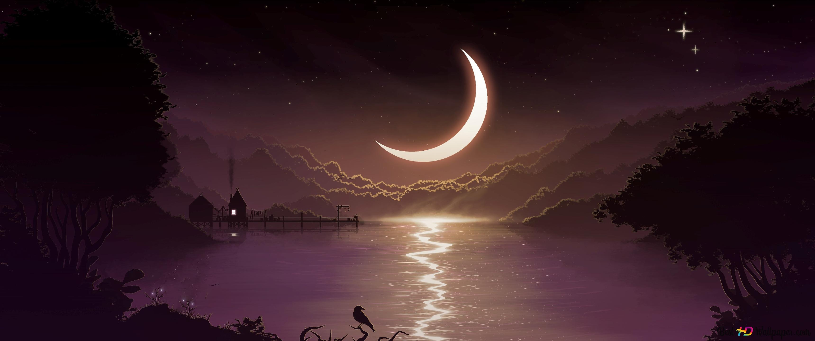 Crescent over Lake 4K wallpaper download