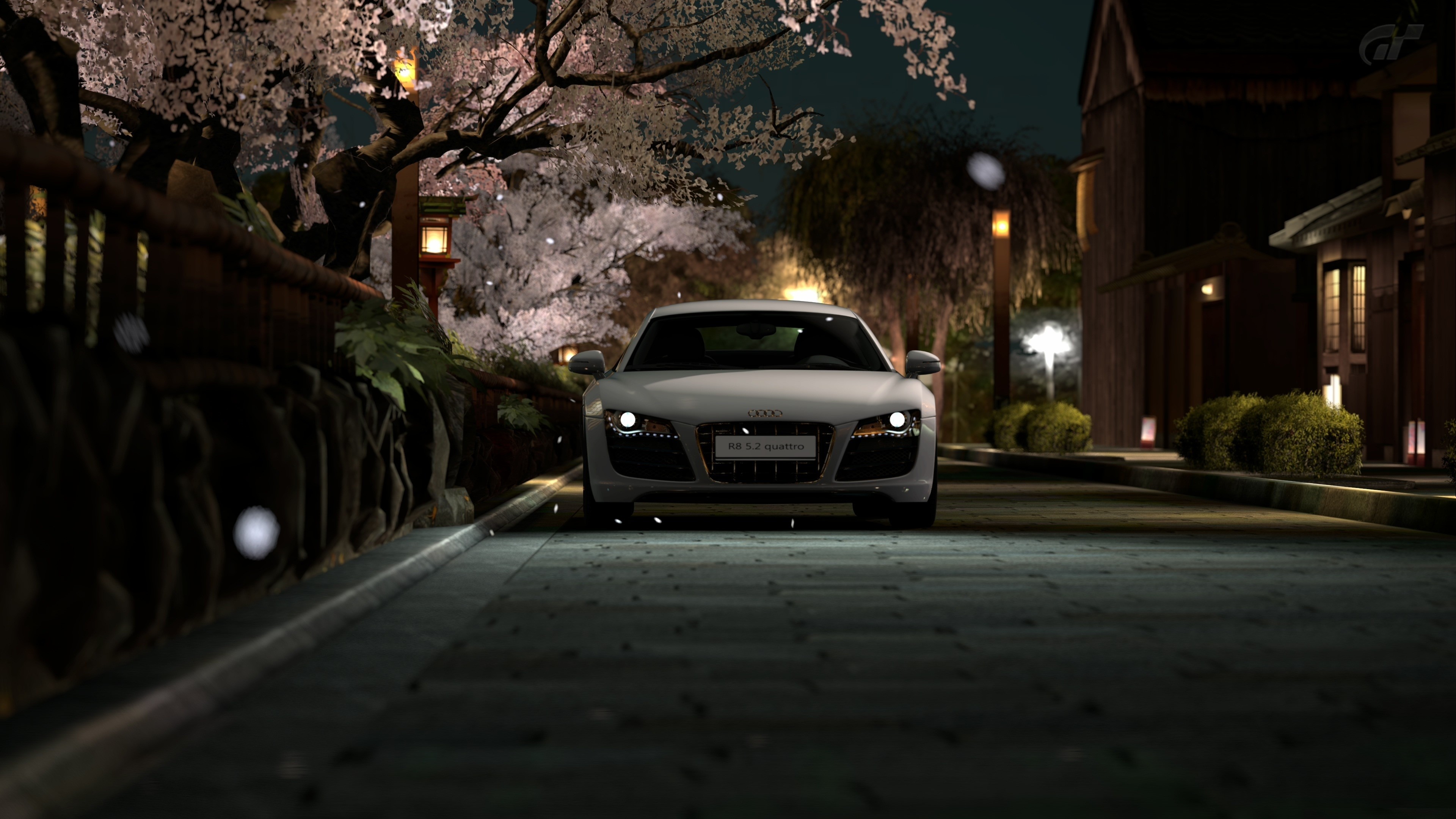 Wallpaper, Japan, night, Audi R8, car, road, street, trees, lights, Gran Turismo 3840x2160