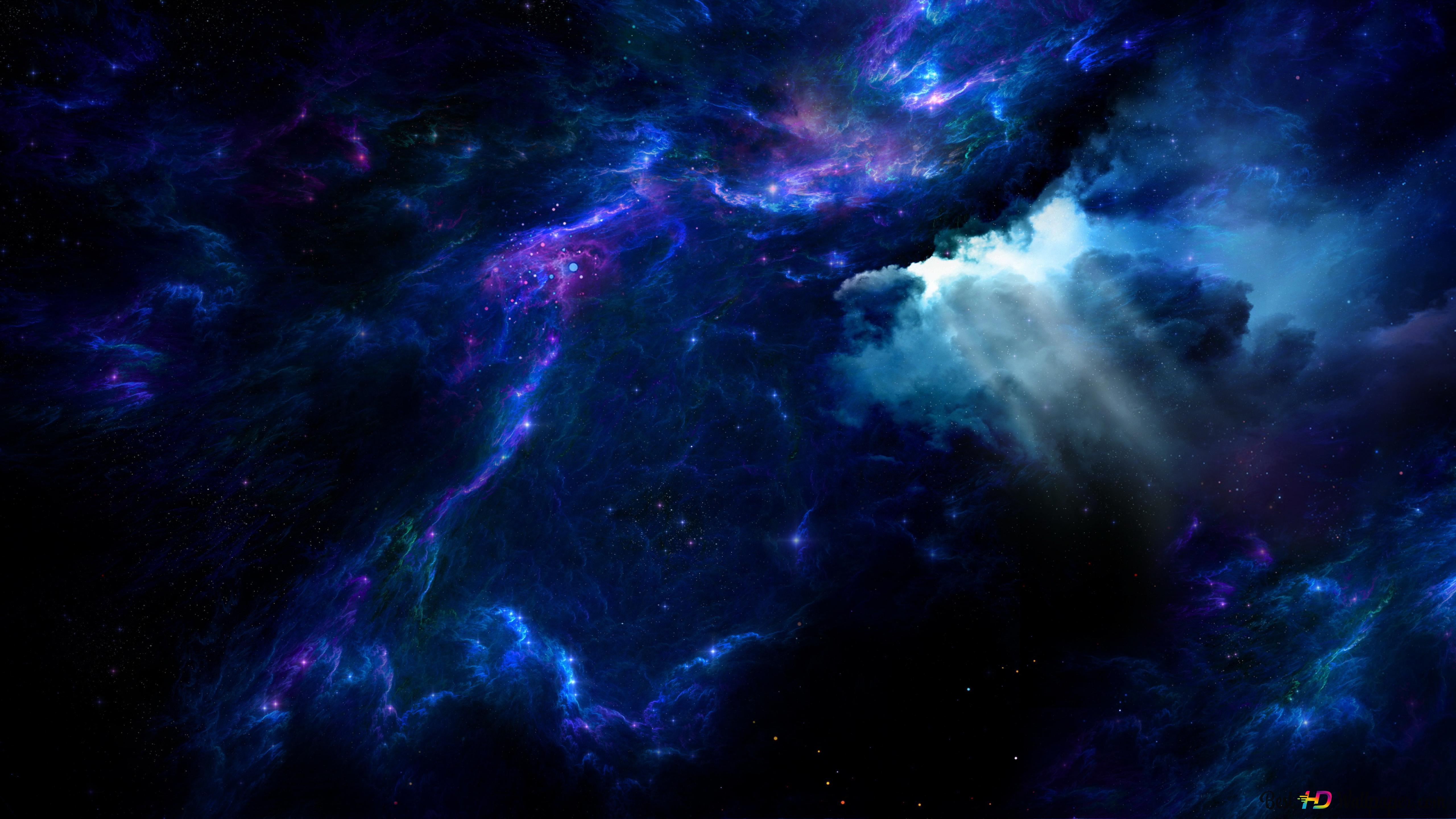 Rays Shining Through Blue Space Nebula 4K wallpaper download