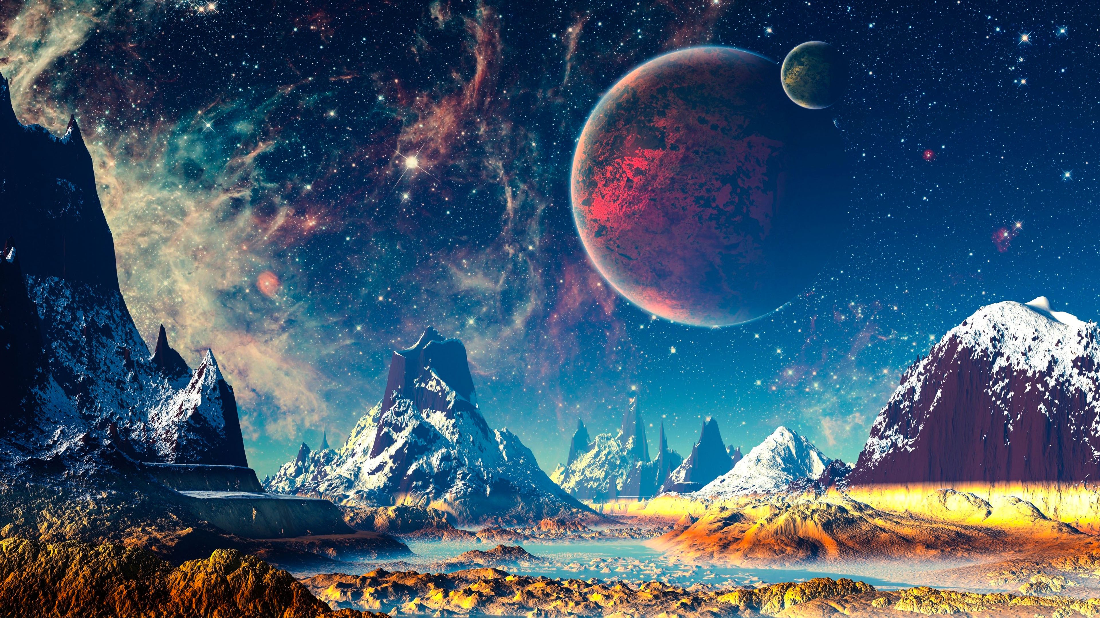 Fantasy World Mountains River Planets Stars 4K Wallpaper