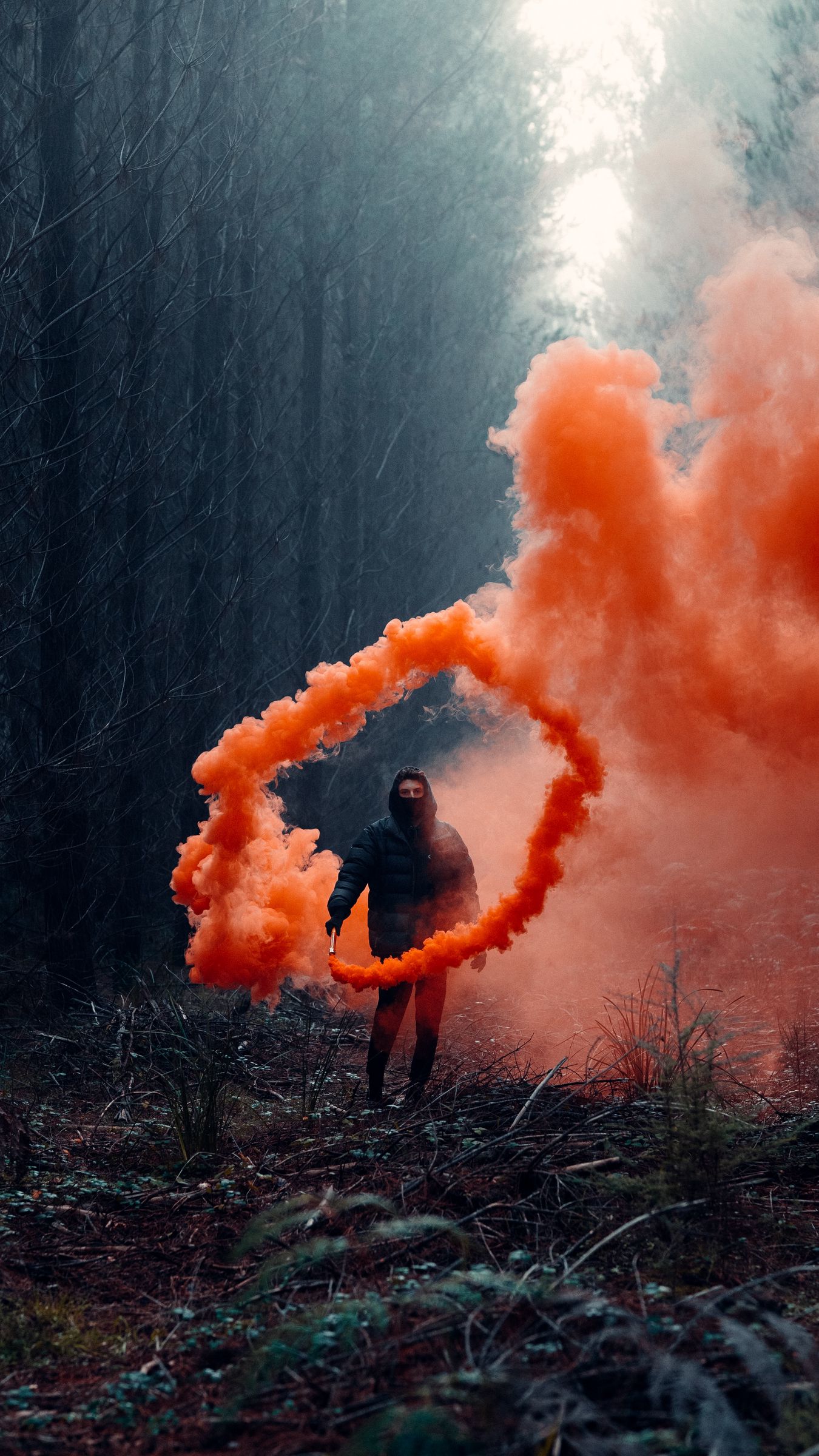 Download wallpaper 1350x2400 man, smoke, cloud, smoke bomb, forest iphone 8+/7+/6s+/for parallax HD background