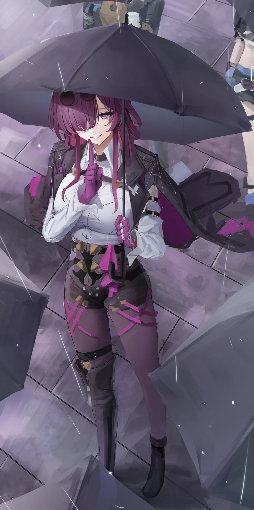 Wallpaper, anime girls, Honkai Star Rail, Kafka Honkai Star Rail, umbrella, hair over one eye, looking at viewer, smiling, rain, portrait display, standing 856x1721