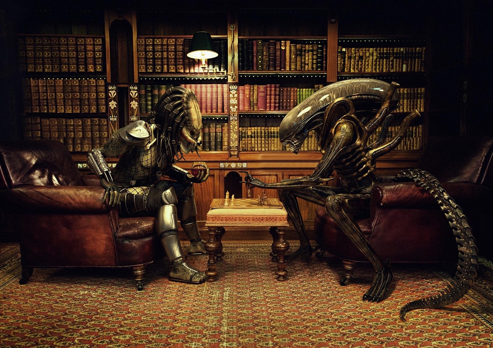 humor, library, chess, alien 3, darkness, games, screenshot, pc game Gallery HD Wallpaper