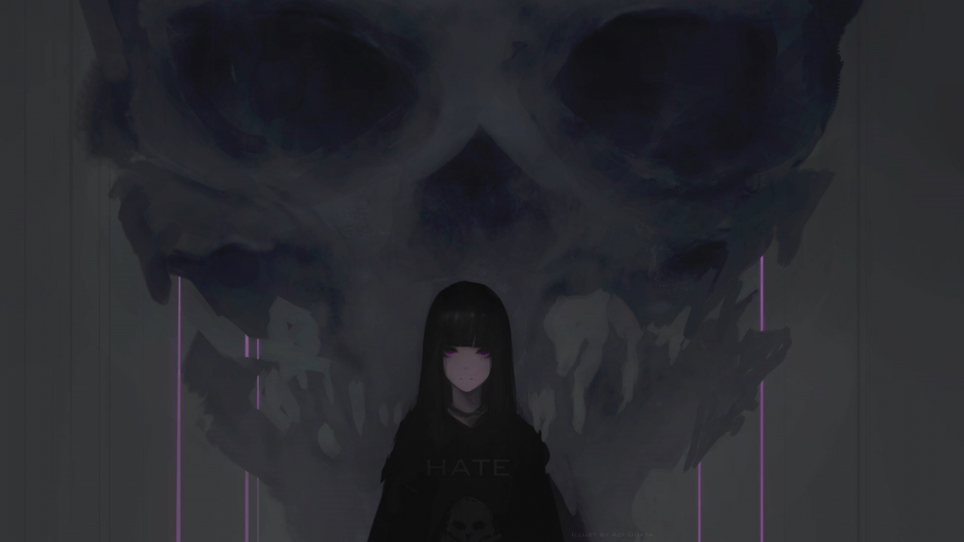 Anime girl purple eyes dark skull
