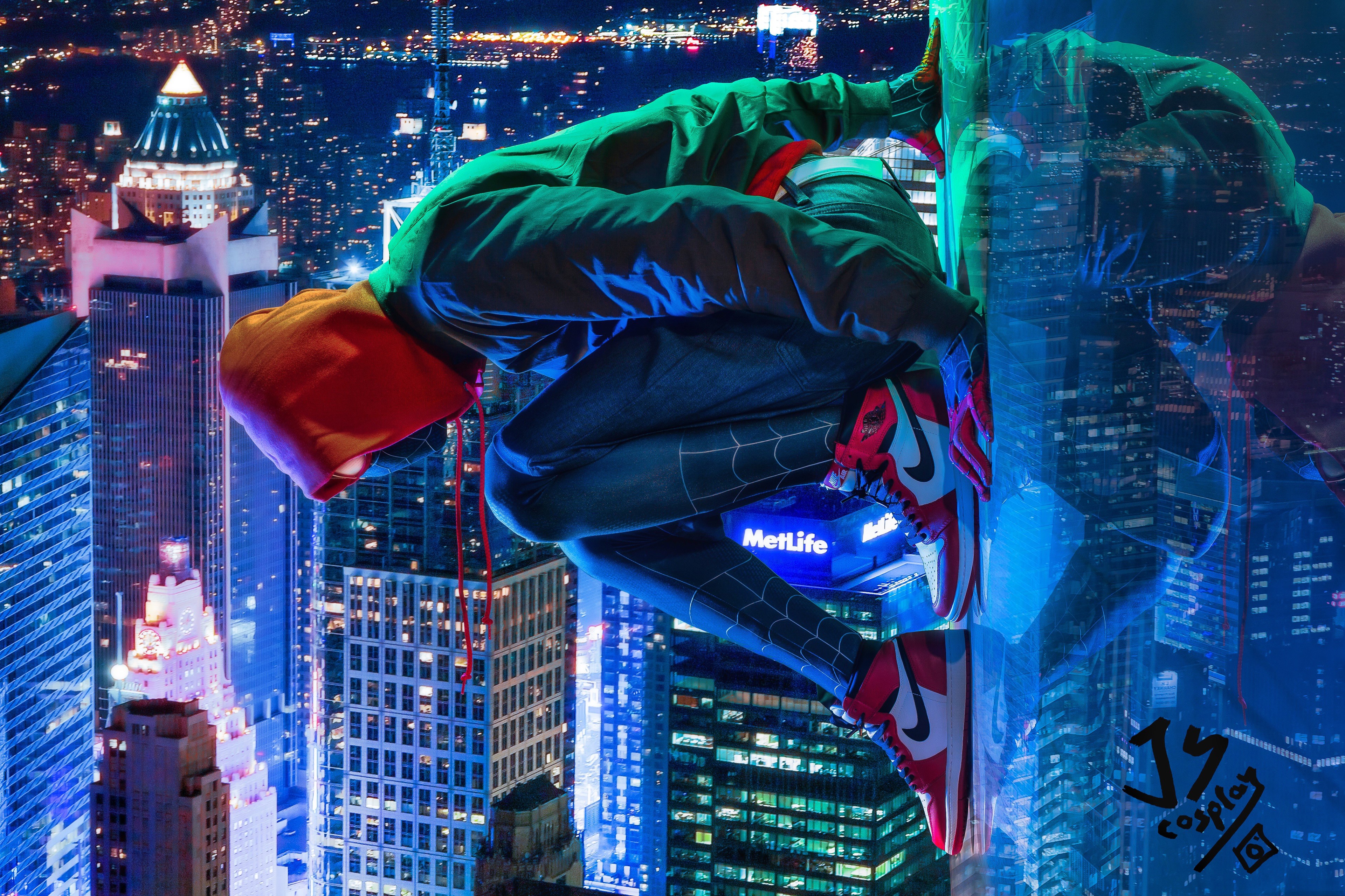 4K, Miles Morales, Nike, Spider Man, Marvel Comics, Spider Man: Into The Spider Verse, Cityscape, Photo Manipulation, Hoods Gallery HD Wallpaper