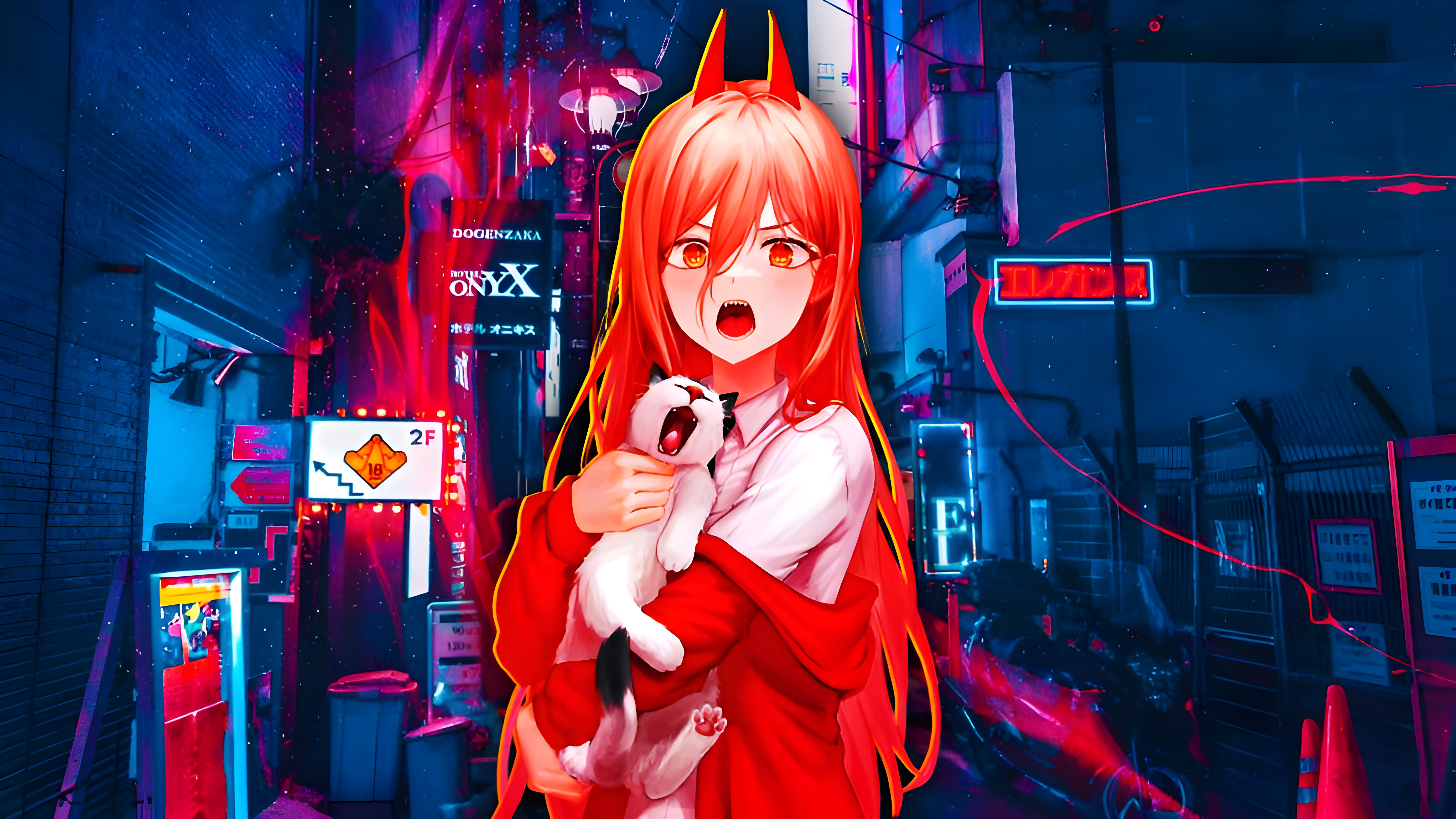 Power Chainsaw Man Chainsaw Man Vaporwave Anime Girls Cats Wallpaper:7000x3936