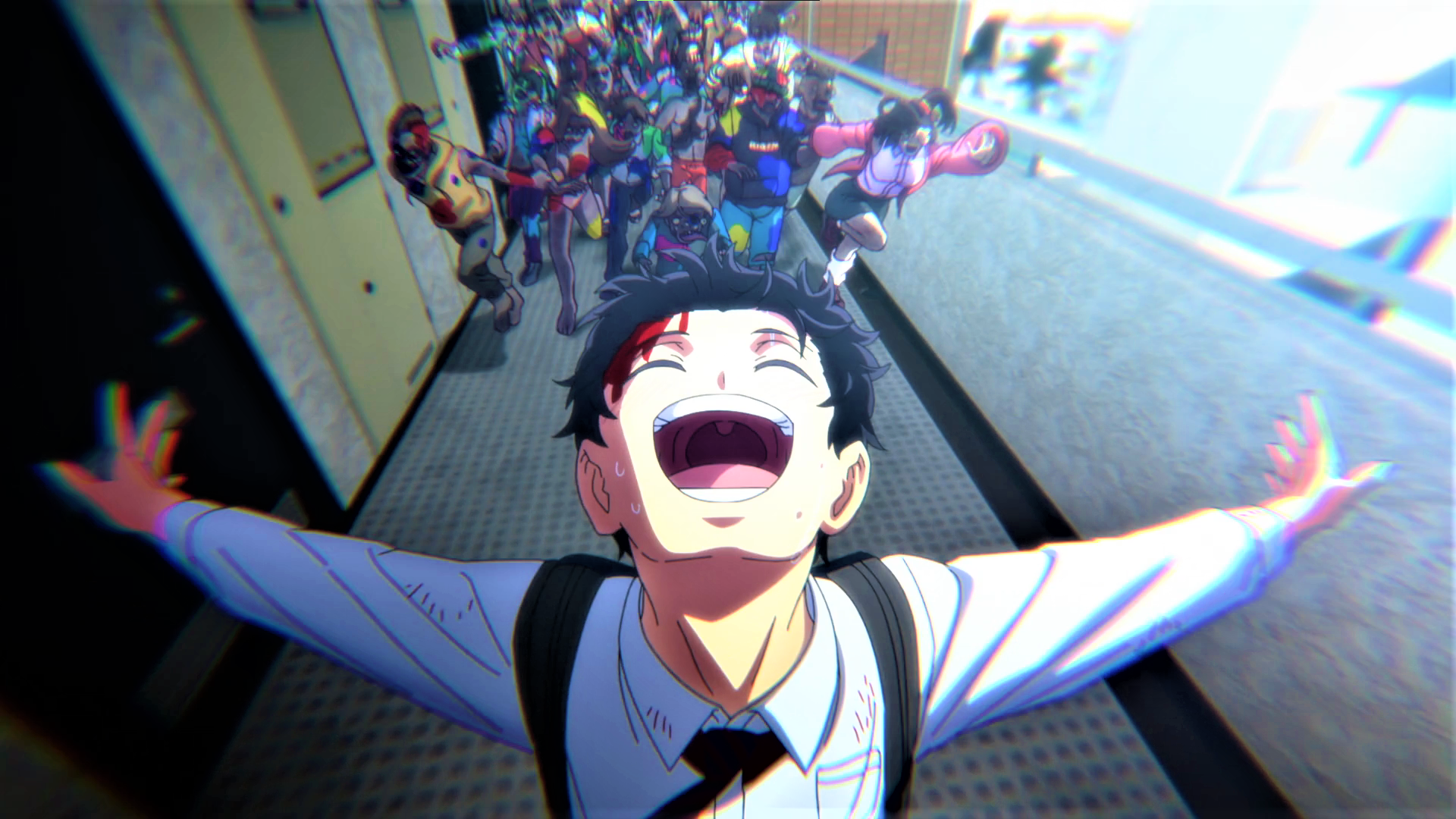 Wallpaper, Zom 100 Bucket List of the Dead, Akira Tendou, zombies, happy, blood, running, Anime screenshot, anime boys, sweat, open mouth, closed eyes 1920x1080
