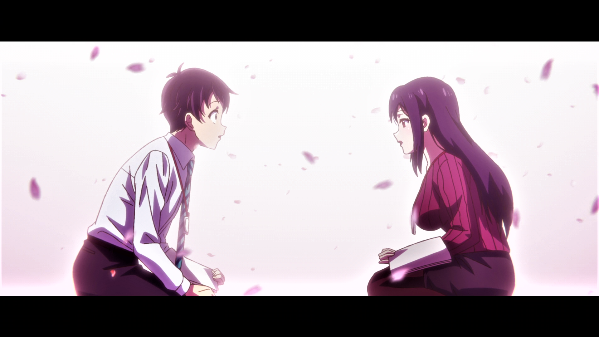 Wallpaper, Zom 100 Bucket List of the Dead, Akira Tendou, tie, petals, Anime screenshot, anime boys, anime girls, white background, simple background, minimalism, long hair 1920x1080