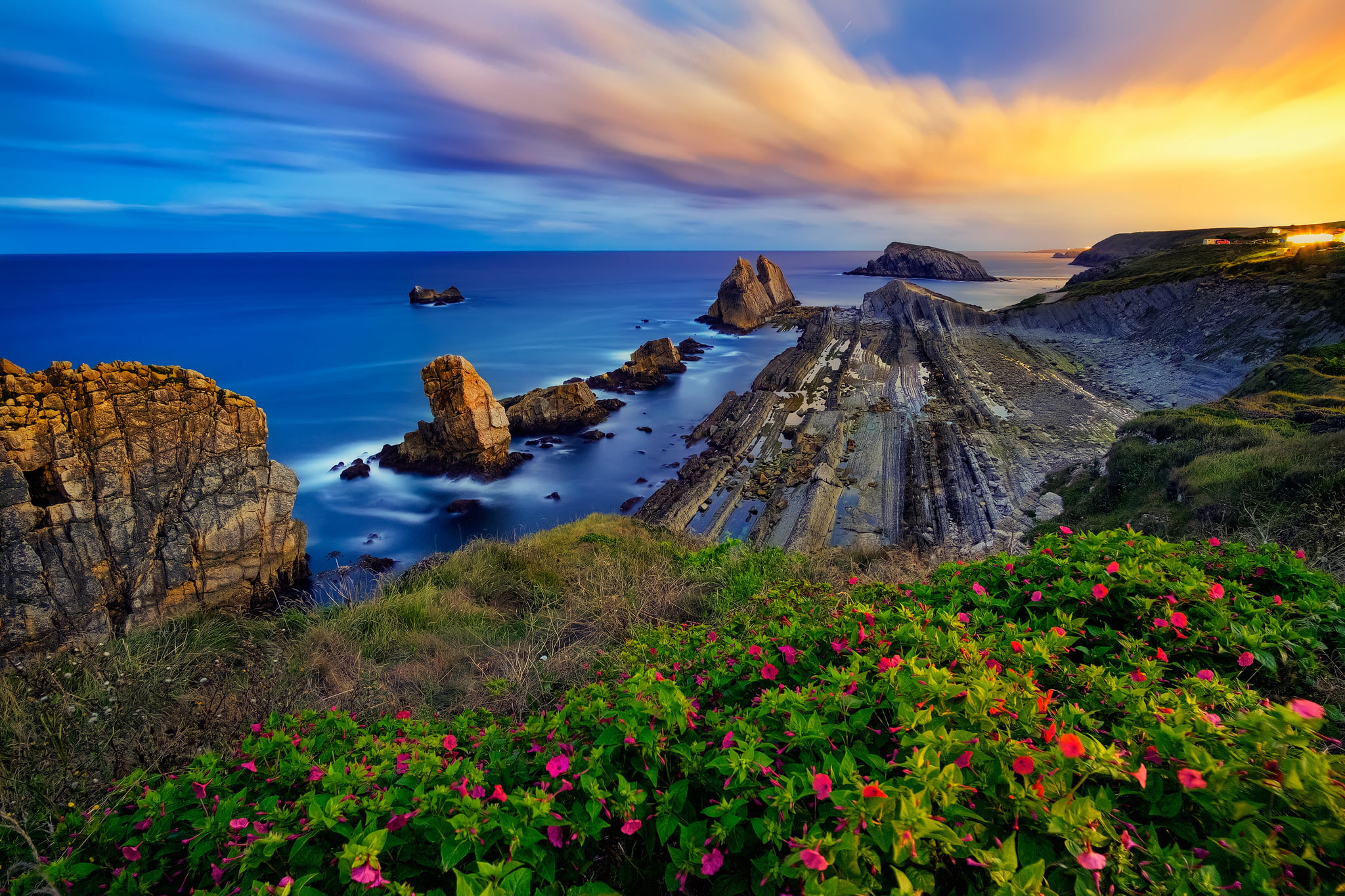 Wallpaper / sunset, Bay of Biscay, 1080P, sea, Costa Quebrada, flowers, rocks, coast, The Bay of Biscay, Cantabria, Spain free download