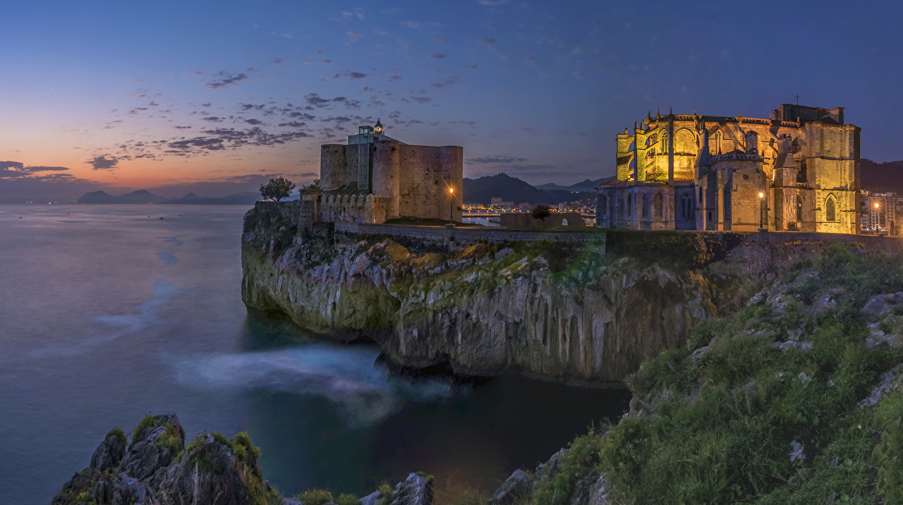 Photo Spain Castro Urdiales Cantabria Crag Castles Evening Cities