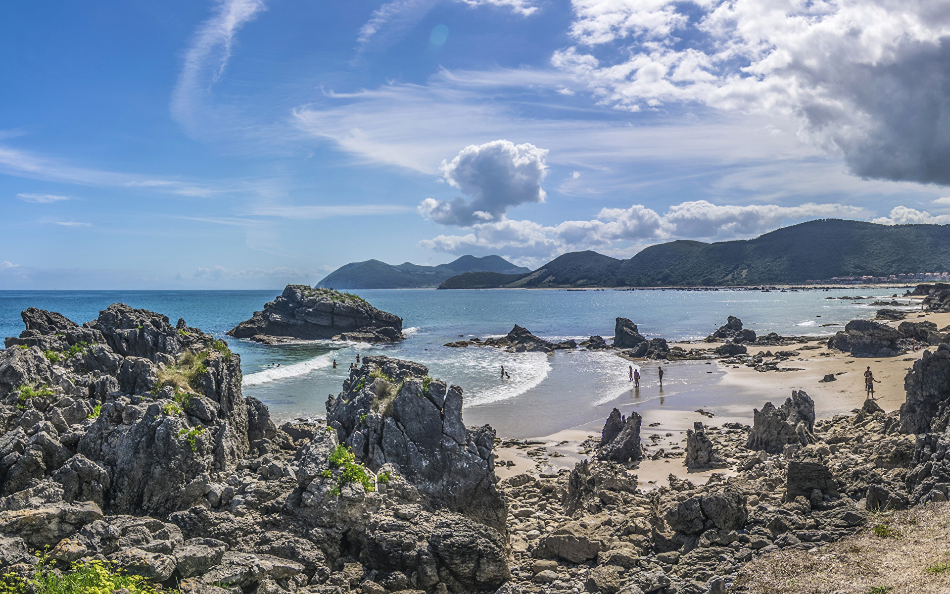 Desktop Wallpaper Spain Cantabria Crag Nature Waves Bay 1920x1200