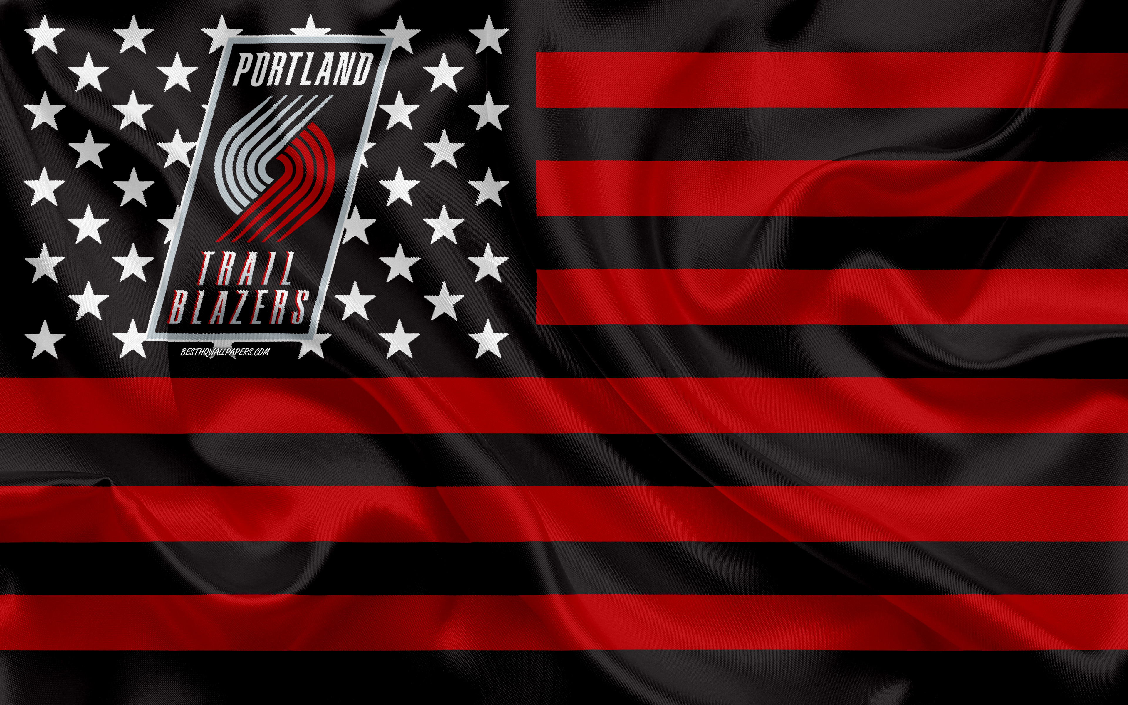 Download wallpaper Portland Trail Blazers, American basketball club, American creative flag, red black flag, NBA, Portland, Oregon, USA, logo, emblem, silk flag, National Basketball Association, basketball for desktop with resolution 3840x2400. High