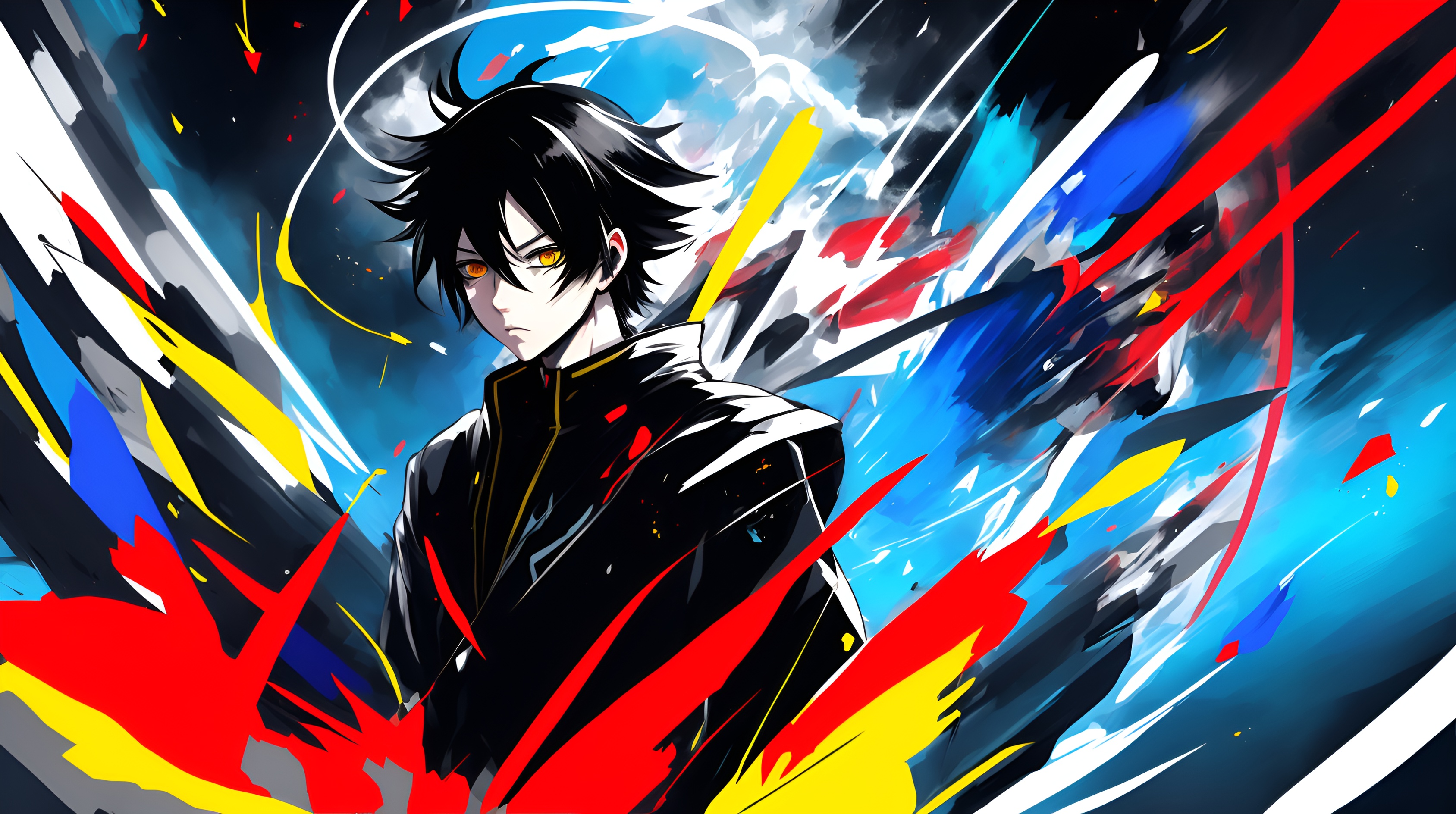 anime boy, reality shattering like breaking glass, colorful black red yellow blue