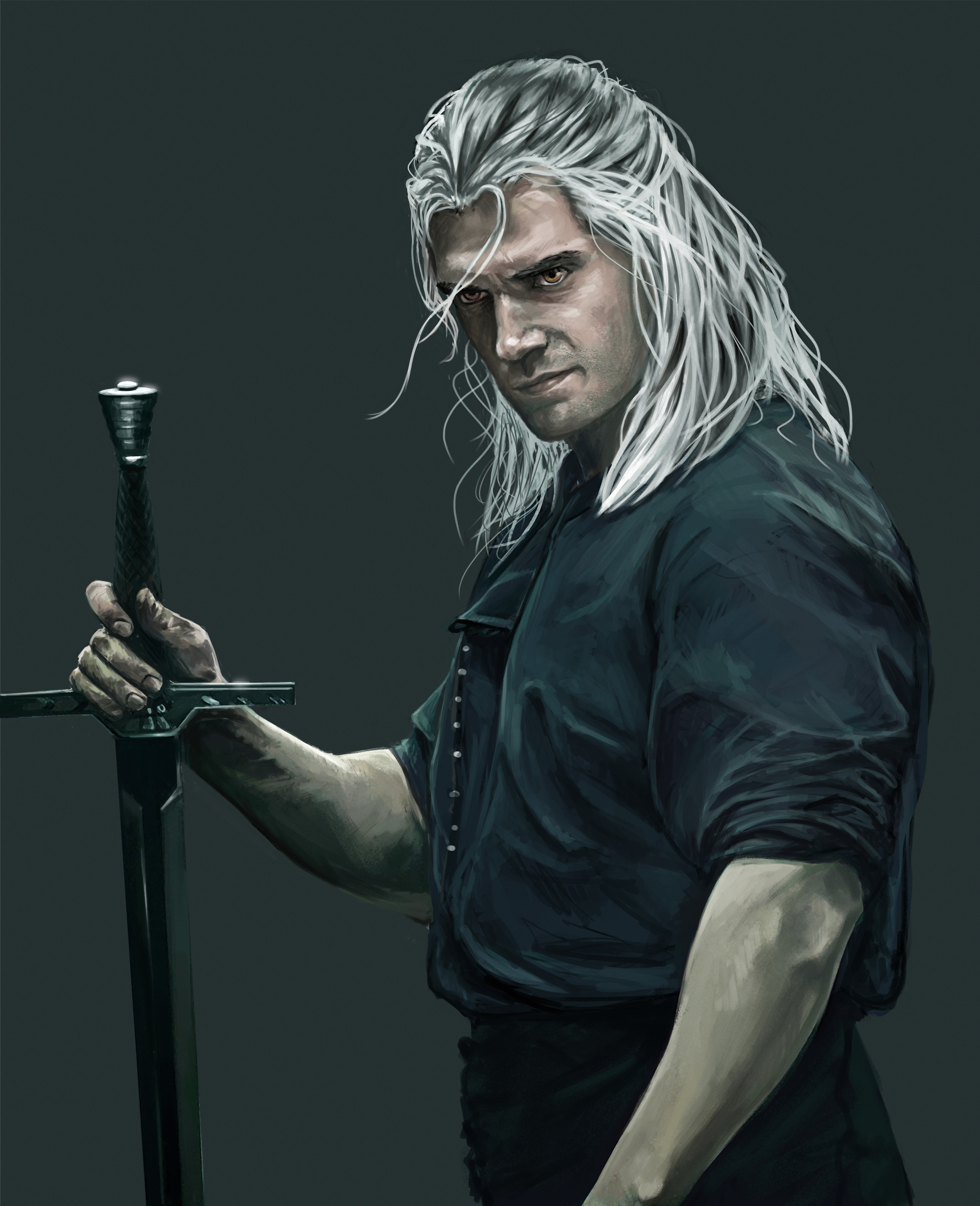 Wallpaper, Diego Cabrera, fan art, Henry Cavill, Geralt of Rivia, The Witcher TV Series, simple background, sword, orange eyes, white hair, digital painting, artwork, digital art, 2139x2631