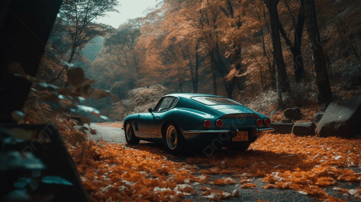 Classic Car Parked In A Forest With Autumn Leaves Surrounding It Background, A Sports Car Standing In The Wilderness, HD Photography Photo, Tire Background Image And Wallpaper for Free Download