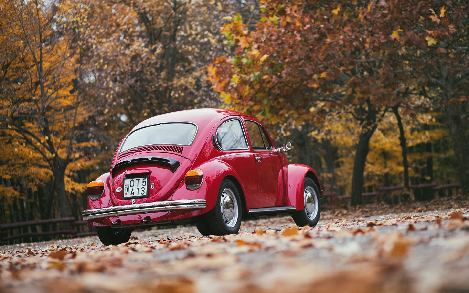Photo Volkswagen Red Autumn antique Back view automobile 1920x1200