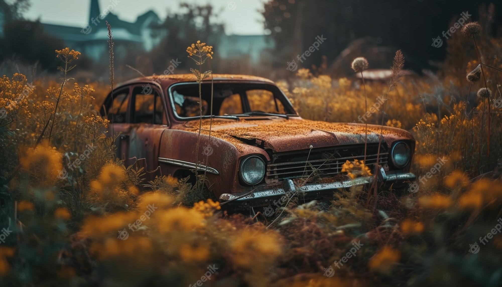 Premium Photo. Rusty vintage car abandoned in rural forest generated