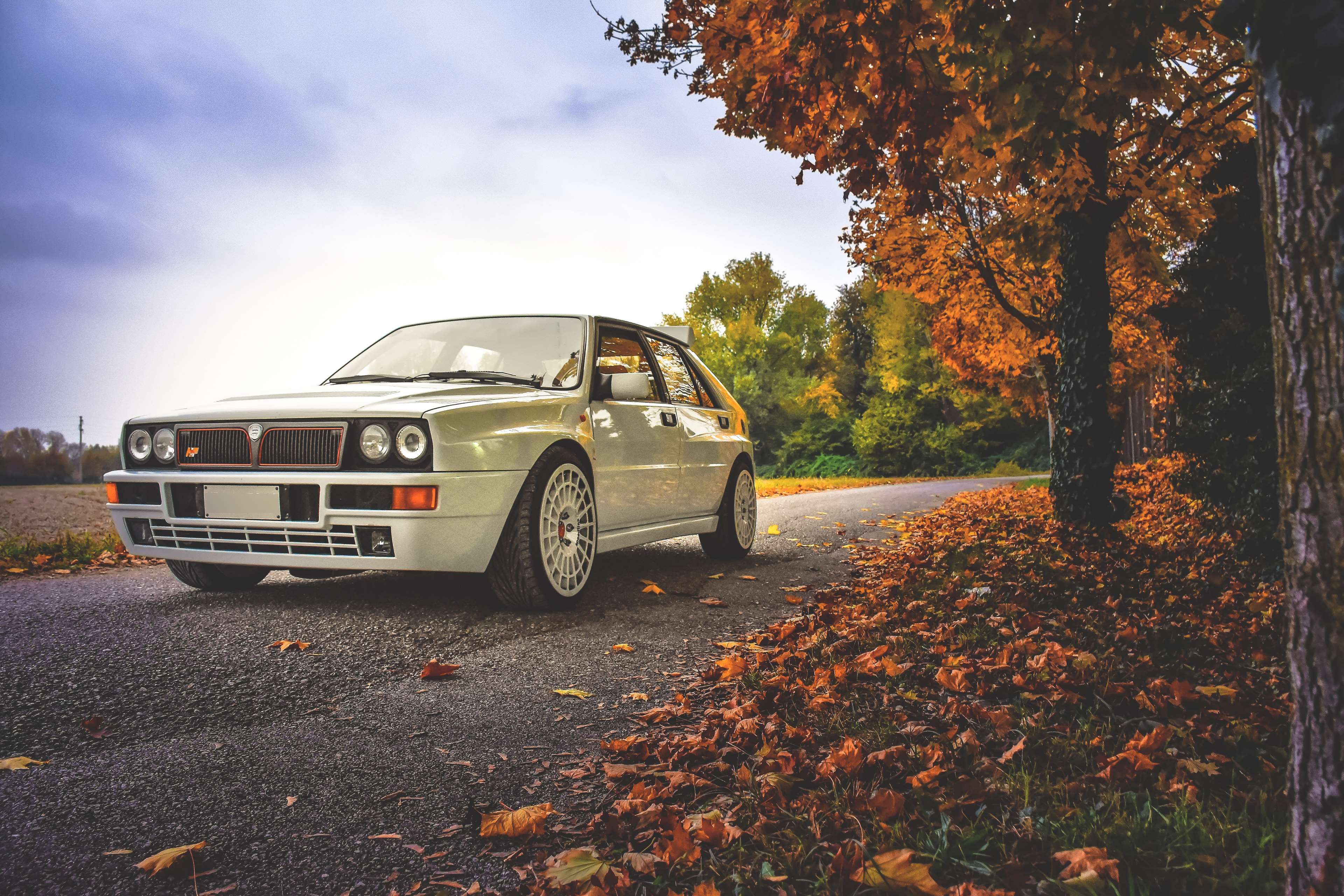 asphalt, auto, autumn, car, classic, color, daylight, fall, landscape, light, outdoors, park, road, transportation system, tree, vehicle, vintage car 4k wallpaper