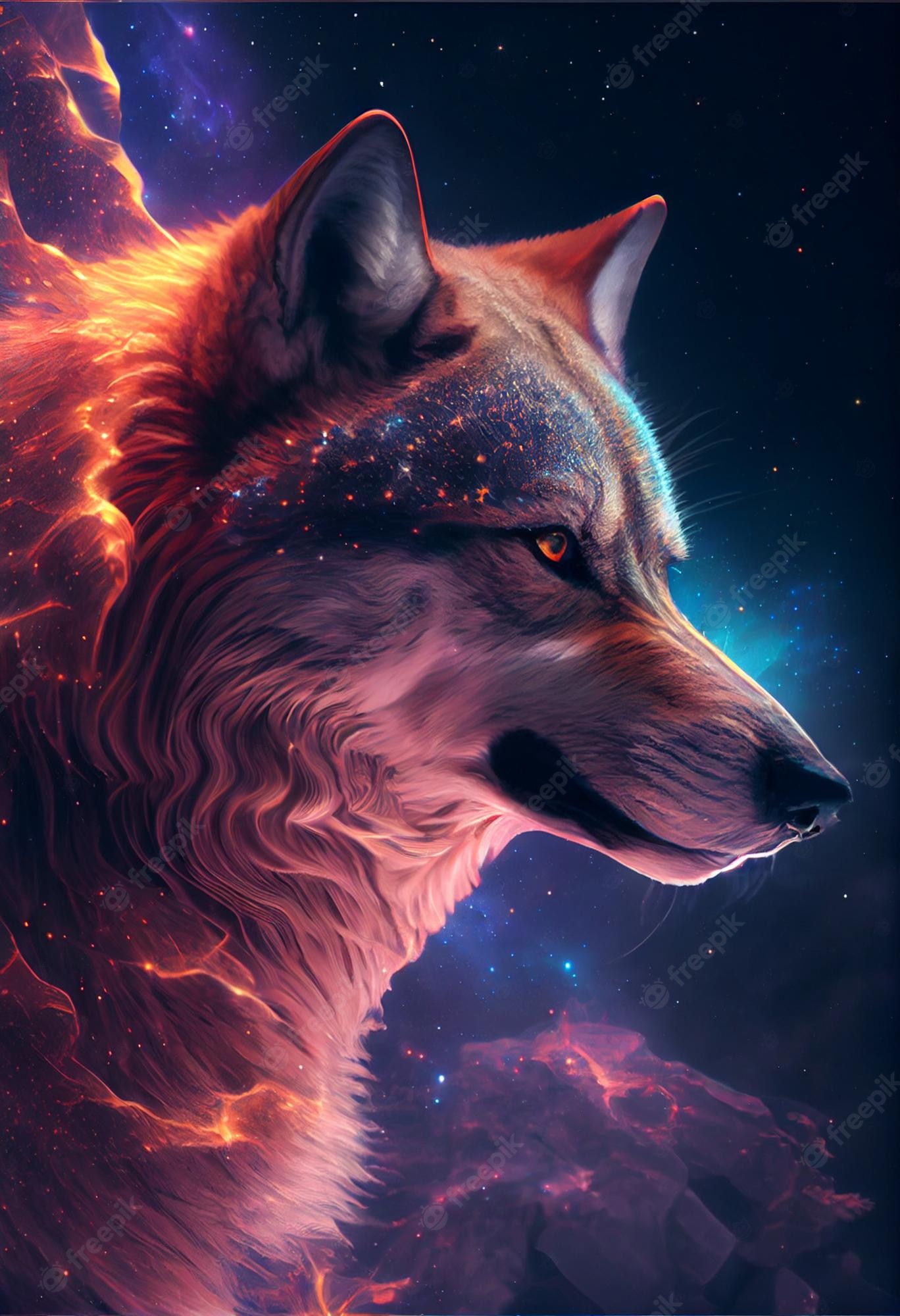 Premium Photo. A powerful majestic royal serious cosmic grey wolf