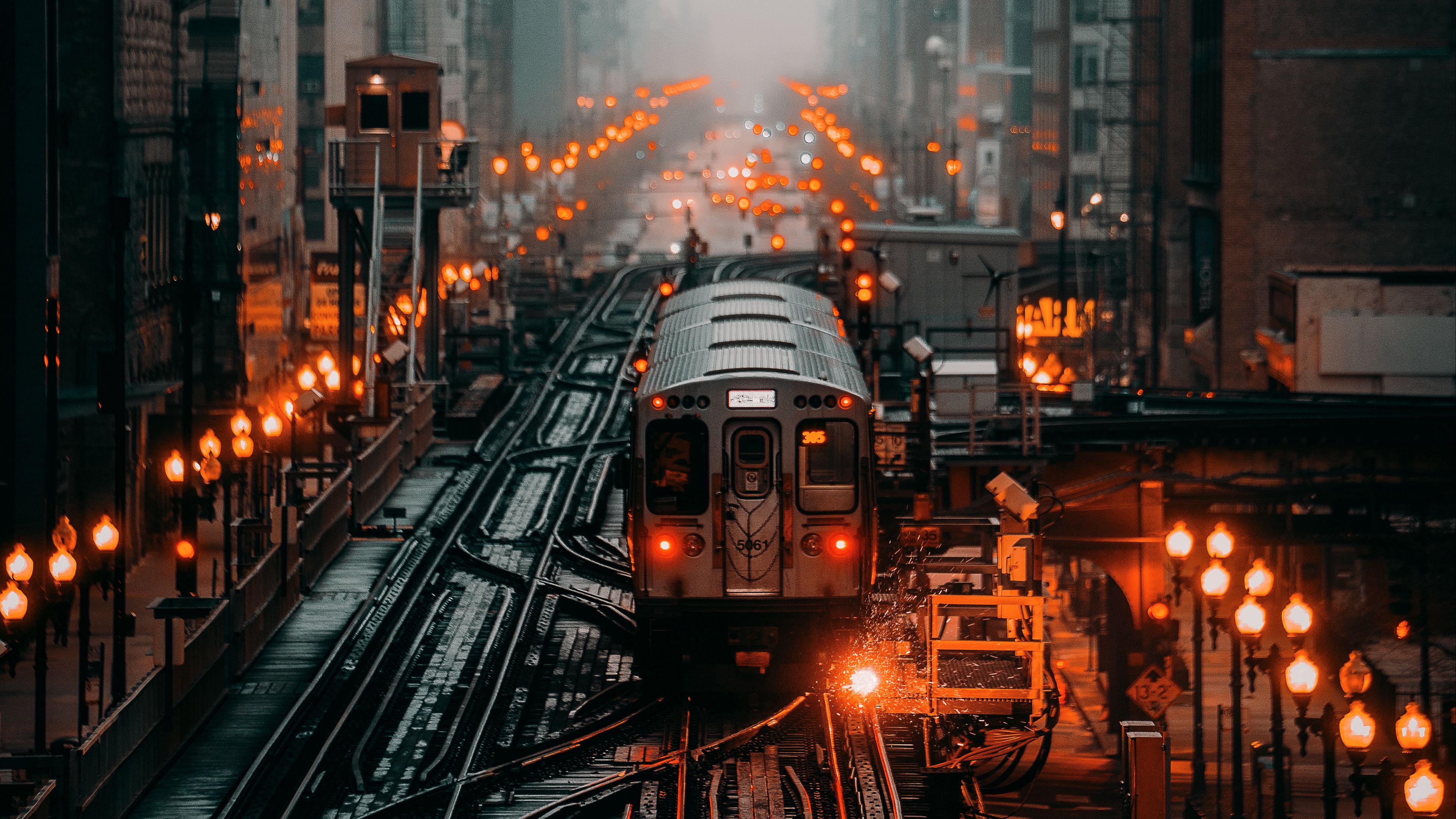 Wallpaper / train, railroad, rails, city, fog, 4k free download