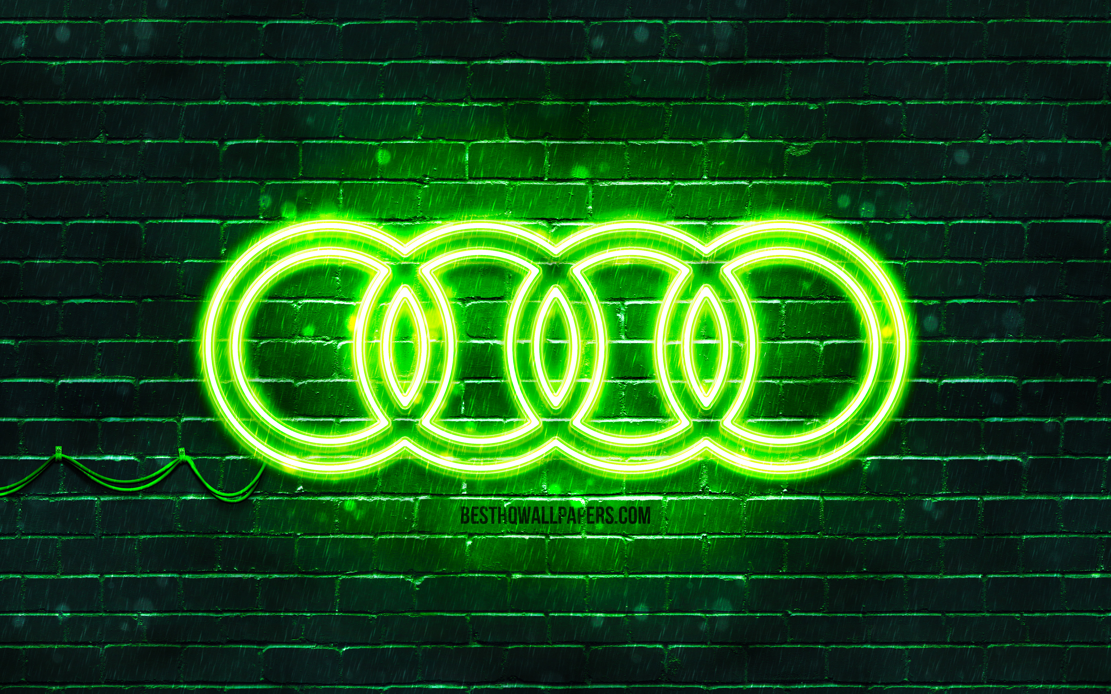 Download wallpaper Audi green logo, 4k, green brickwall, Audi logo, cars brands, Audi neon logo, Audi for desktop with resolution 3840x2400. High Quality HD picture wallpaper
