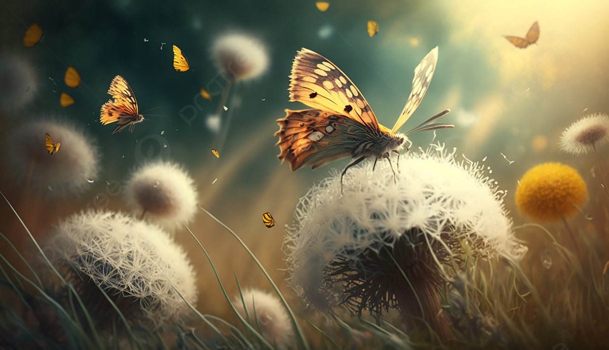 Meadow Dandelion Field Fantasy Background, Grass, Dandelion, Butterfly Background Image And Wallpaper for Free Download