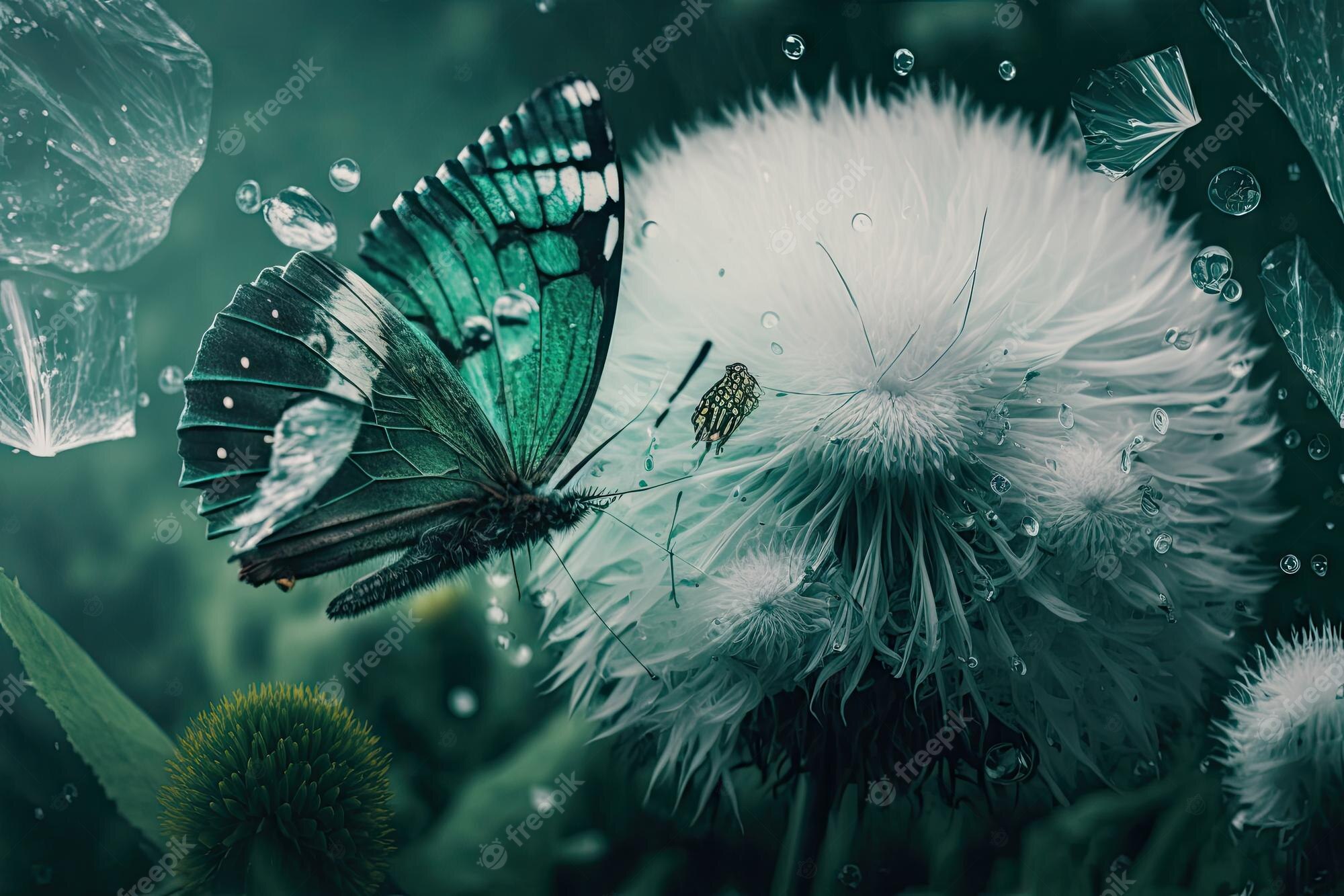 Premium Photo. Double exposure photo with dandelion and butterfly on blurry green background