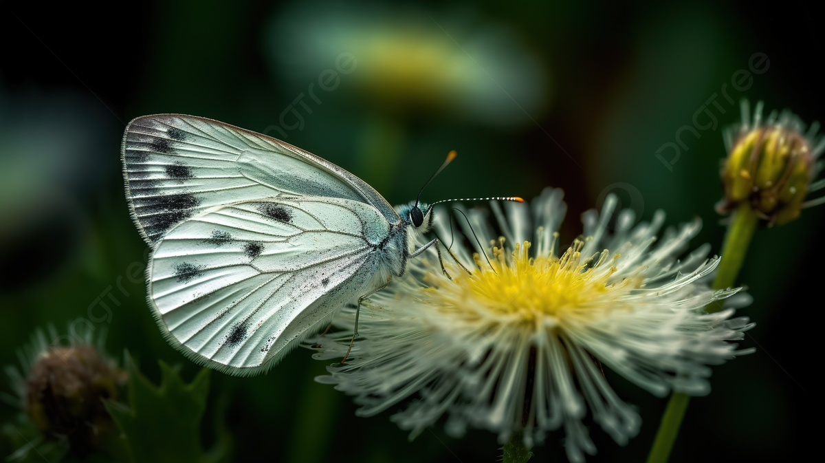 White Butterfly On Dandelion Background, Closeup Of Streaked White Butterfly And Dandelion, HD Photography Photo Background Image And Wallpaper for Free Download