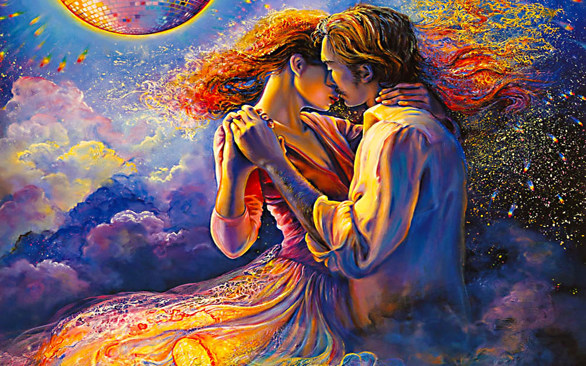 1920x1200 art, beautiful, clouds, couple, dance, dress, great, love, magic, painting, sky, with