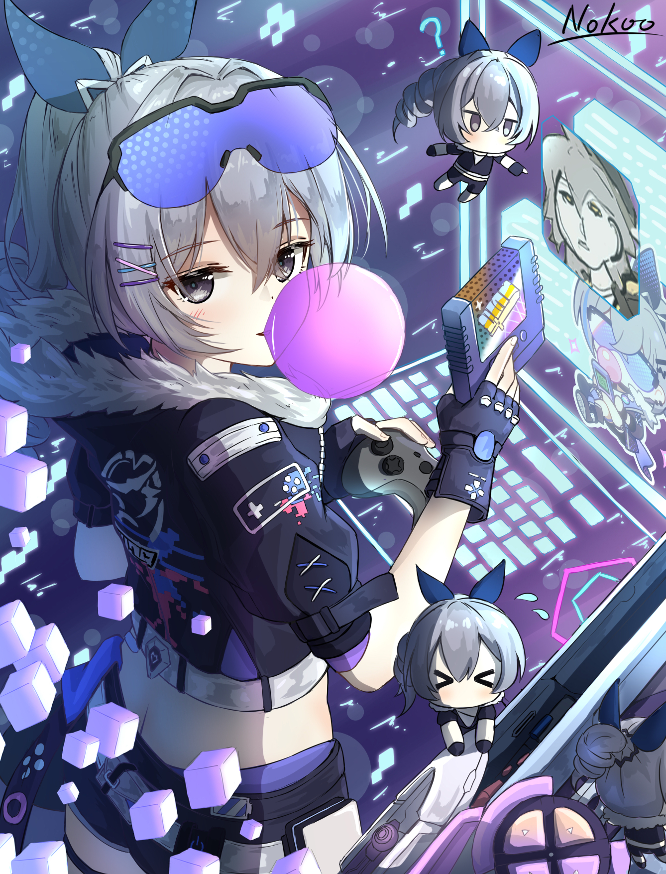 Wallpaper, anime girls, portrait display, bubblegum, looking at viewer, cube, Honkai Star Rail, Silver Wolf Honkai Star Rail, fingerless gloves, controllers, chibi 1338x1755