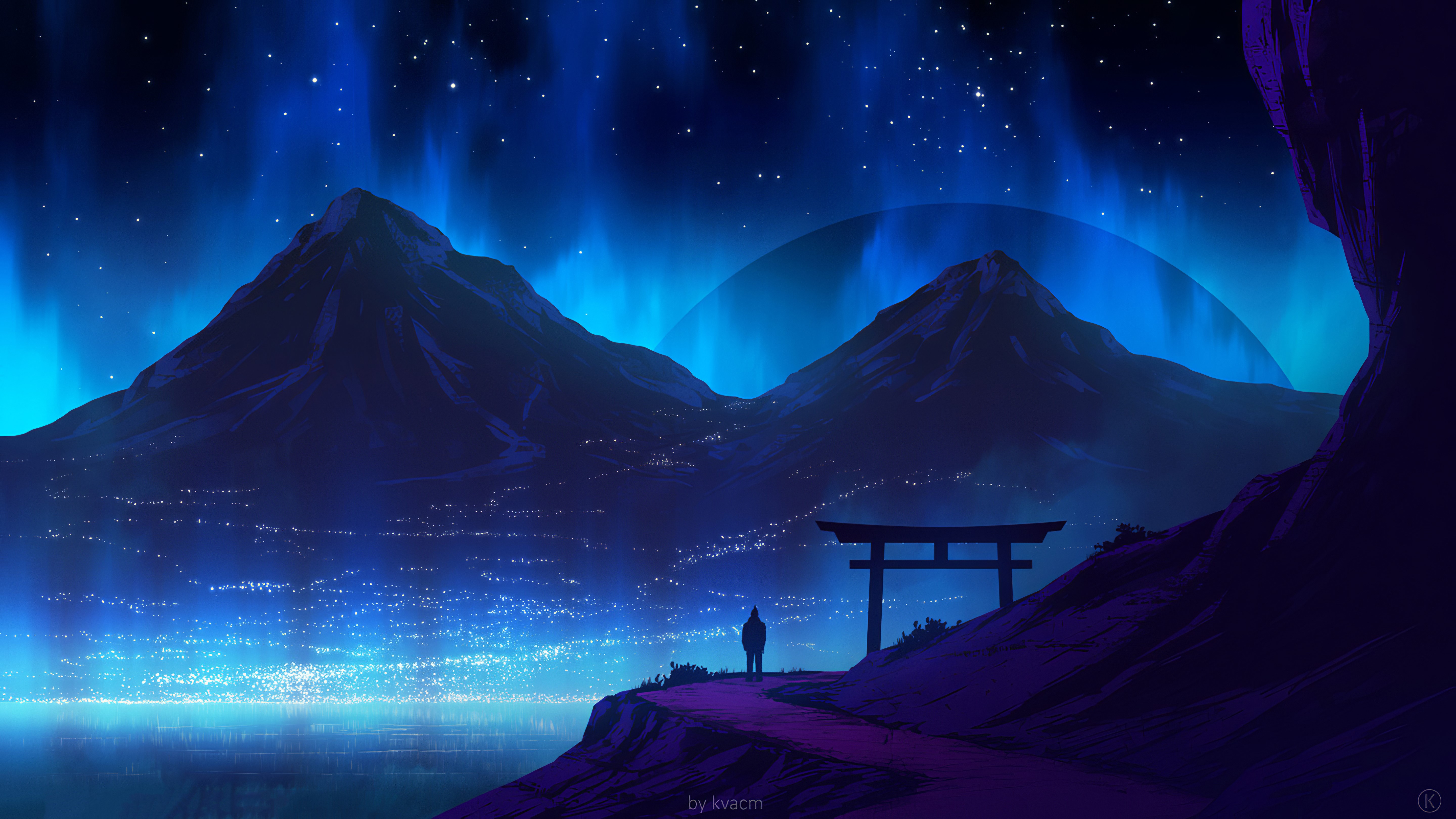 4K, torii, city, lights, calm, artwork, digital art, fantasy art, night sky, sky, mountains, silhouette, nature, illustration, stars, landscape, city lights, Japan, night, concept art, blue Gallery HD Wallpaper