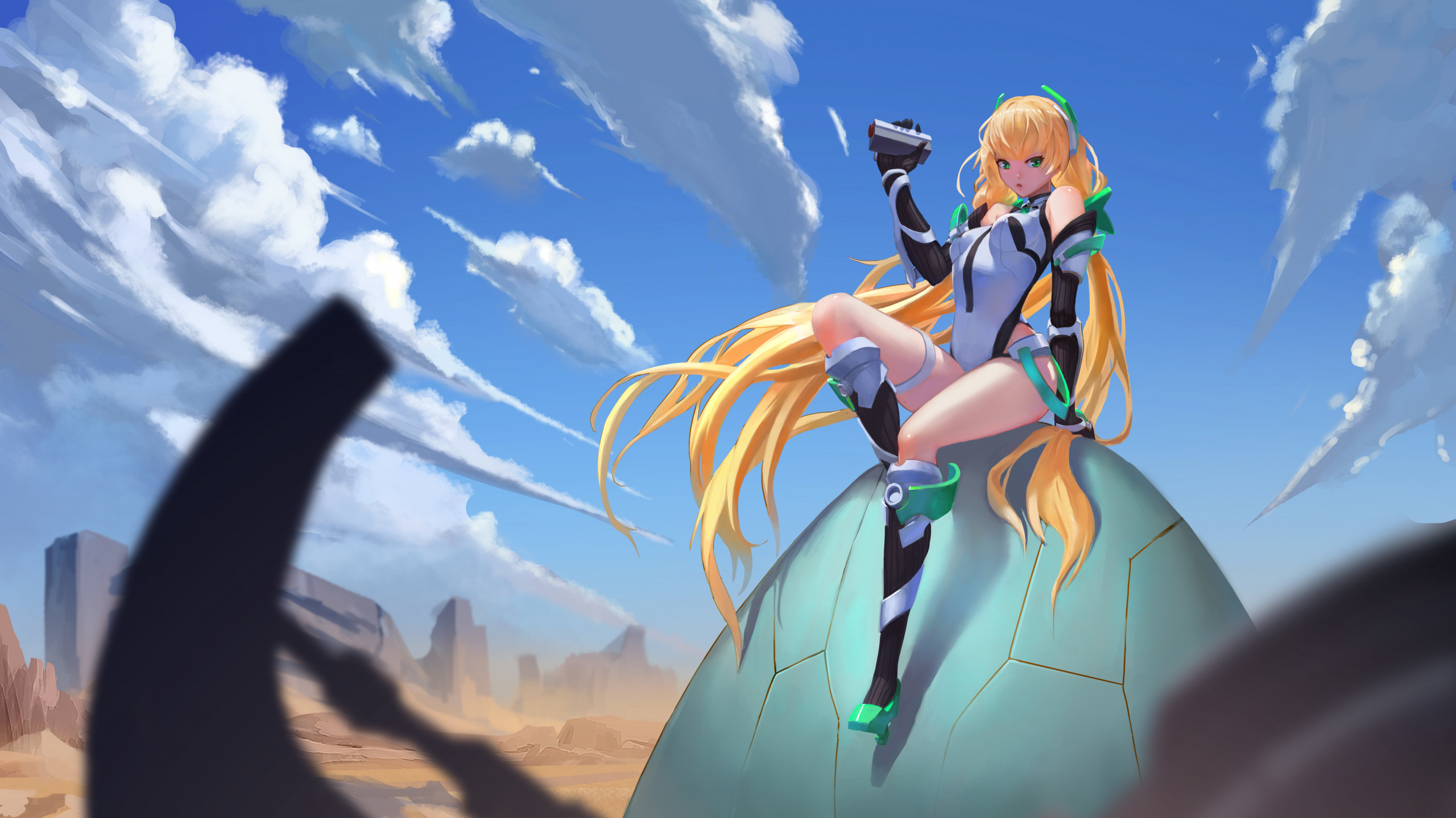 Download wallpaper the sky, girl, clouds, desert, anime, art, ruins, expelled from paradise, reisun001, angela balzac, section other in resolution 2560x1440