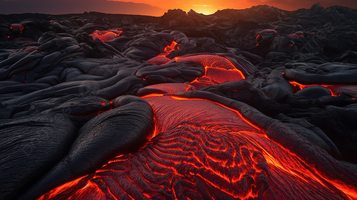 Lava And Lava Rivers Fall Together And Form A Lava Flow With Sunset Background, Lava Picture Background Image And Wallpaper for Free Download