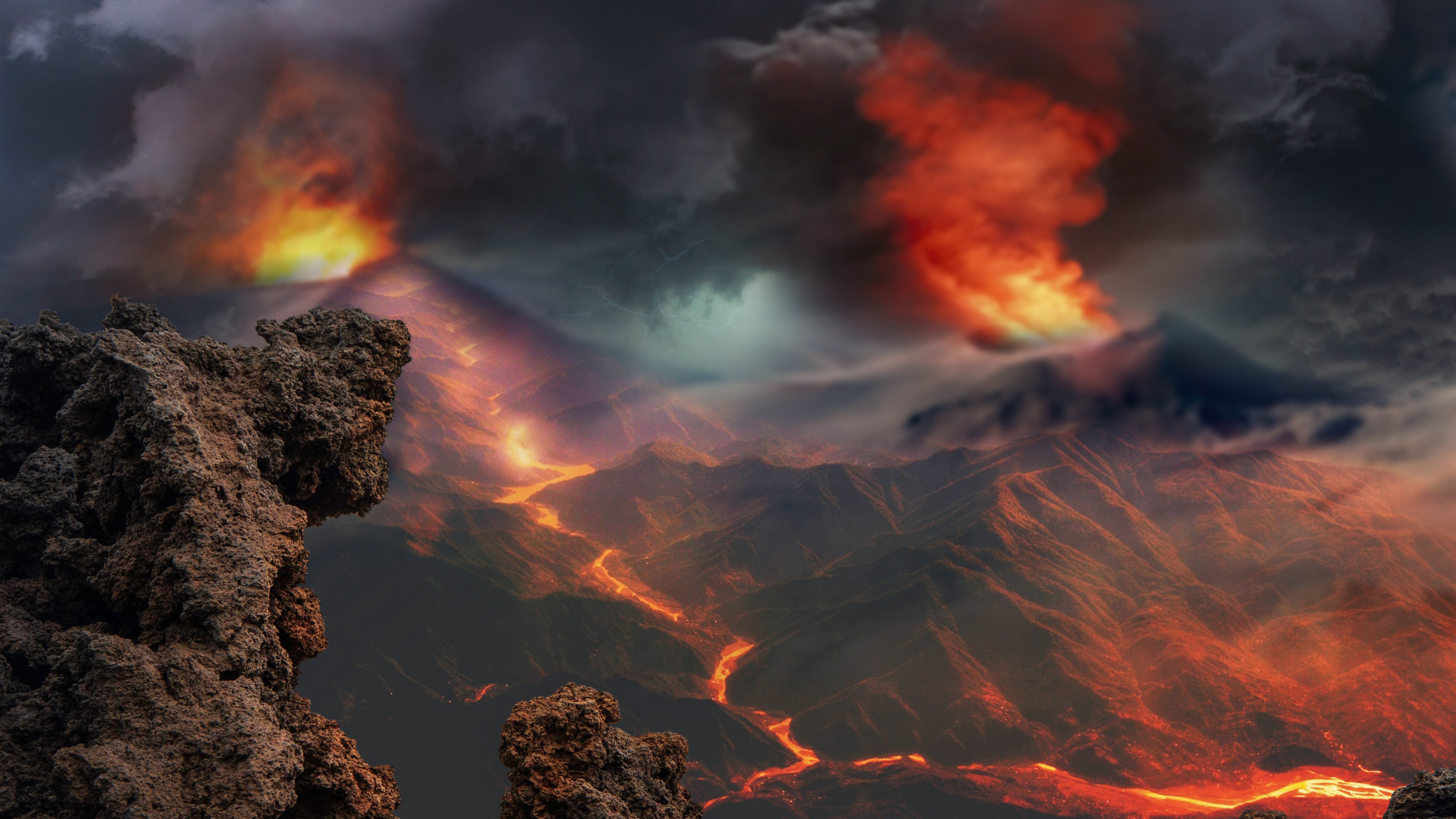 Download wallpaper: Volcanoes eruption and lava flow 3840x2160