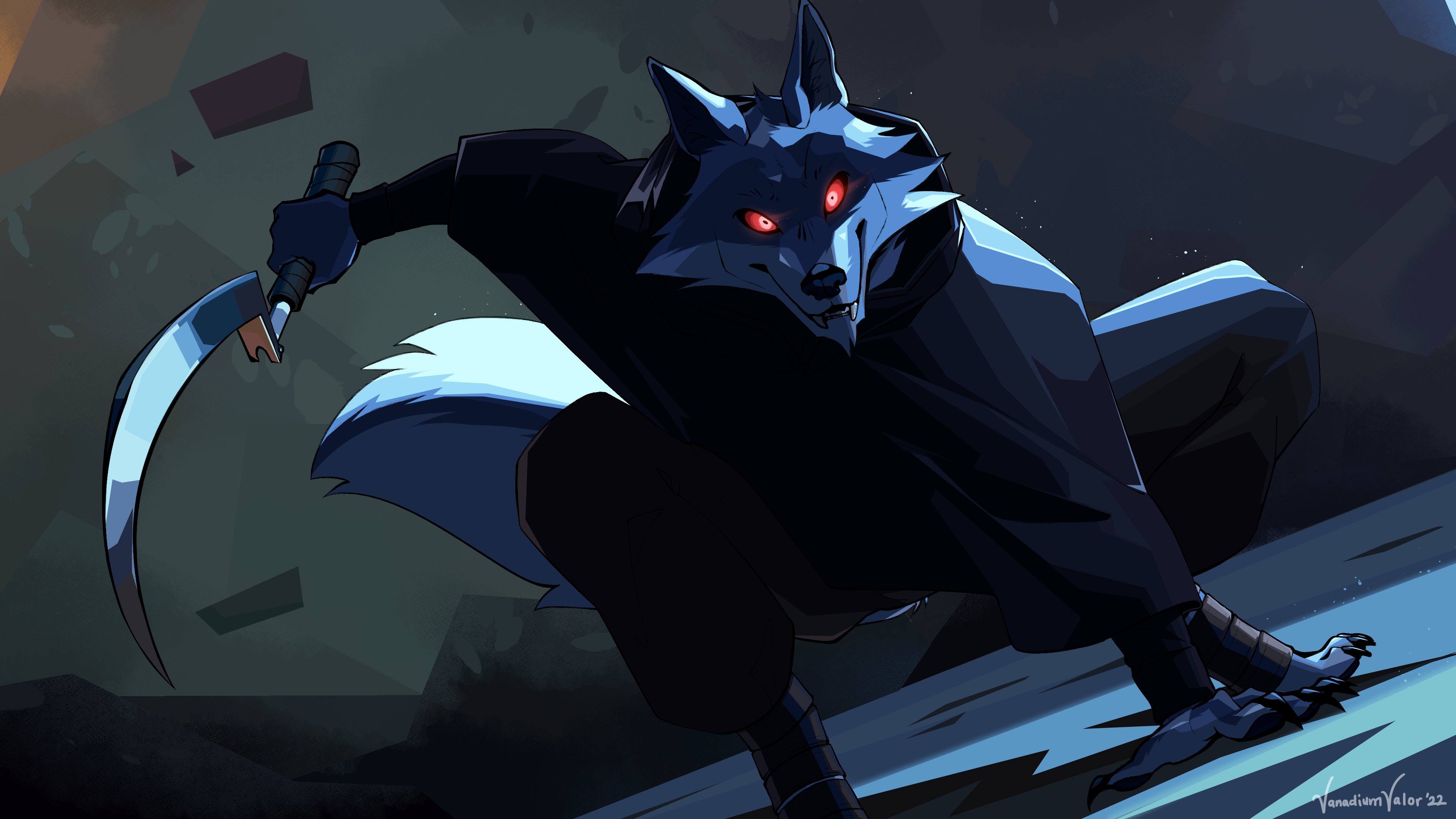 safe, artist:panchromium, artist:vanadiumvalor, death (puss in boots), canine, mammal, wolf, anthro, dreamworks animation, puss in boots (movie), puss in boots: the last wish, shrek, 16:9, 2022, 4k, absurd resolution, bipedal