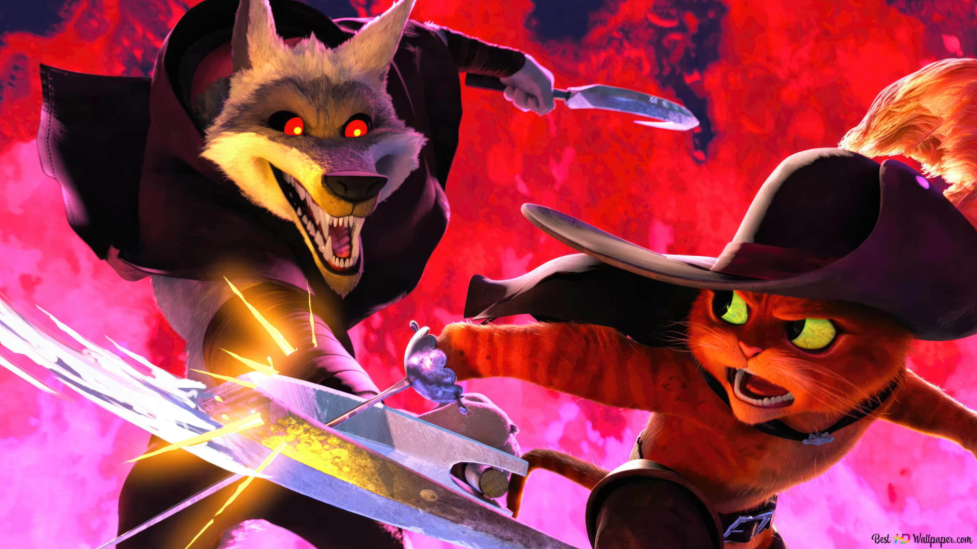 Wolf vs Puss from Puss in Boots: The Last Wish 4K wallpaper download
